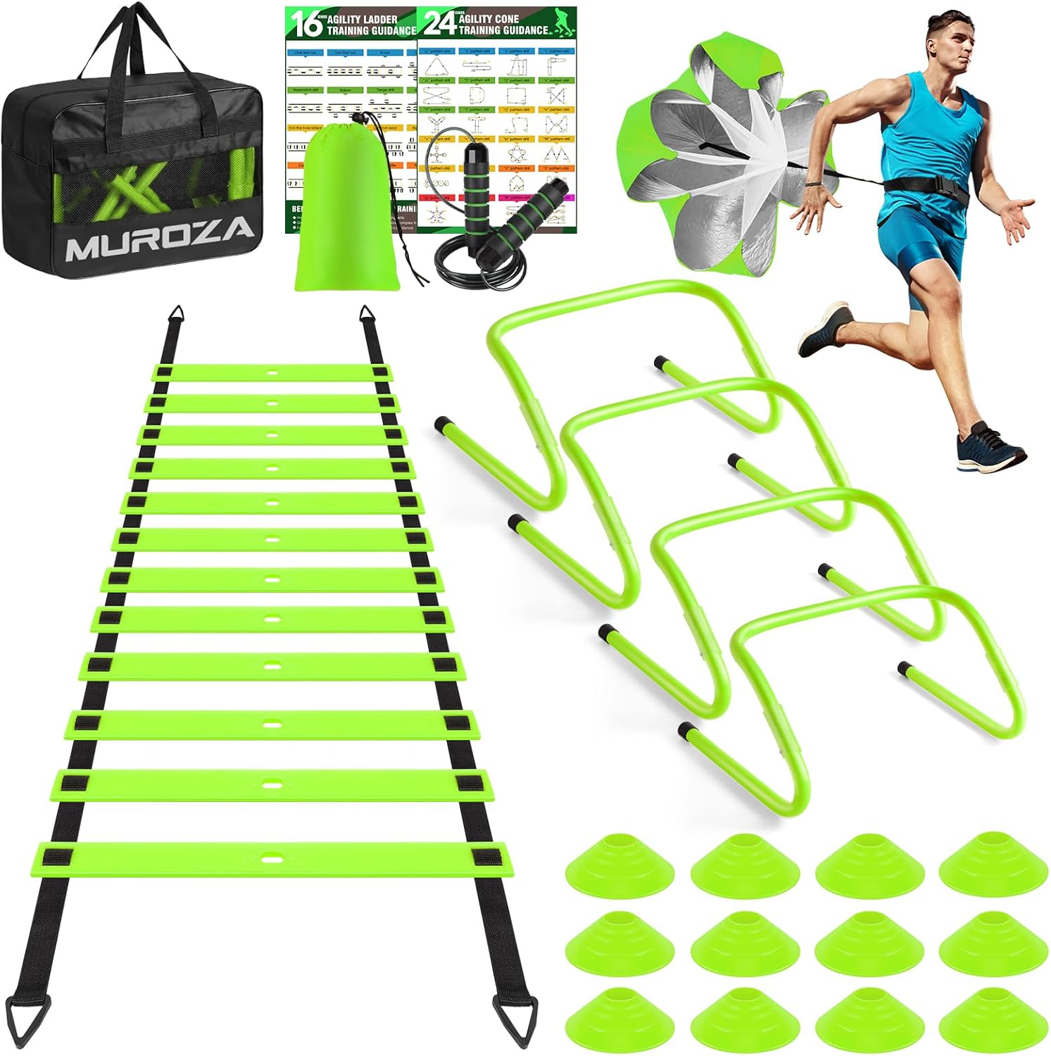 Agility Ladder Speed Training Equipment Set-20ft Agility Ladder,12 Soccer Cones,4 Hurdles, Jump Rope, Running Parachute, Basketball Football Soccer Training Equipment for Kids, Youth, Adults(green)