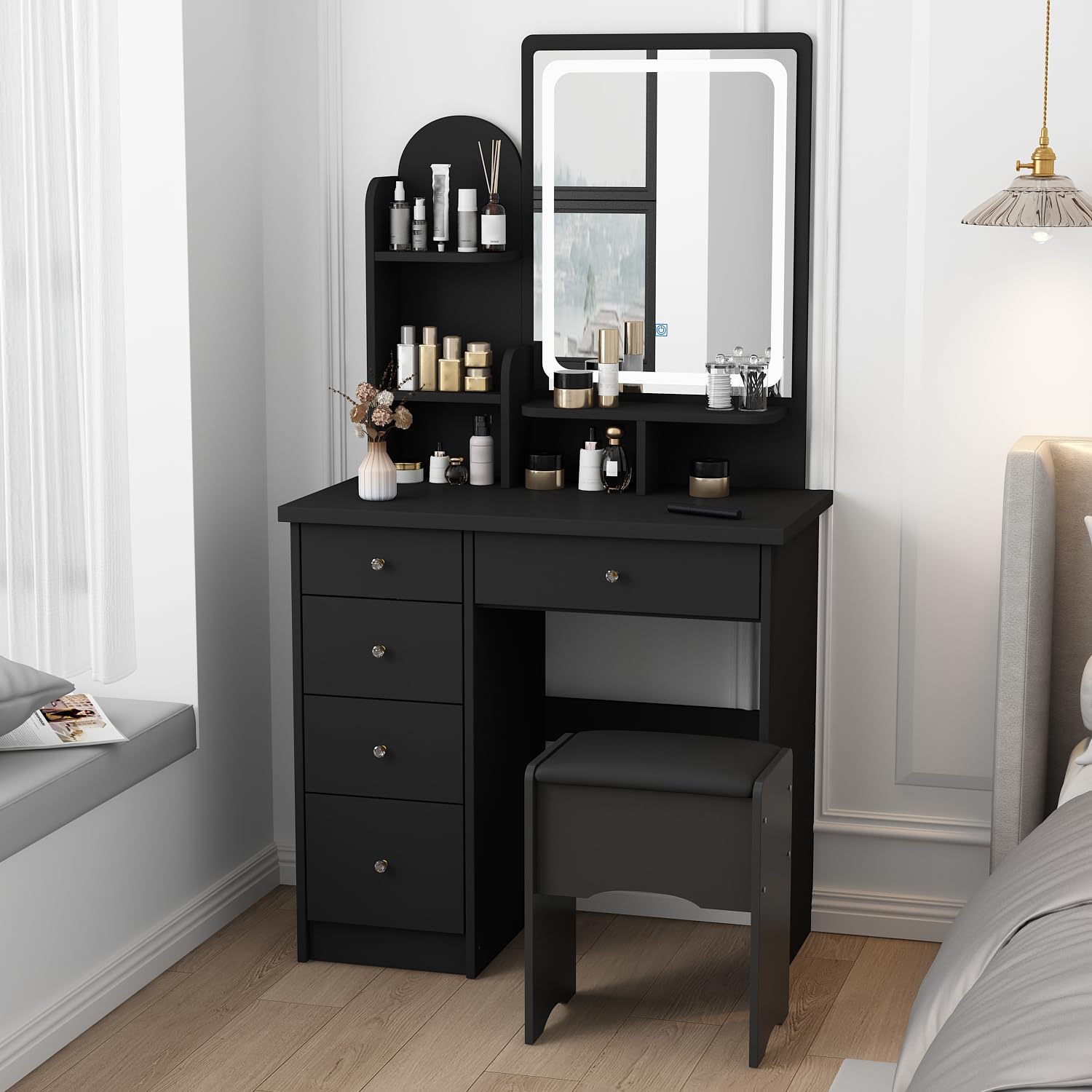 Vanity with Chair, Dressing Table with Lighted Rectangular Mirror, 5 Drawers and Shelves, Makeup Vanity Set with Storage for Bedroom, Crystal Knobs, Black, 15.7" D x 31.5" W x 55.1" H