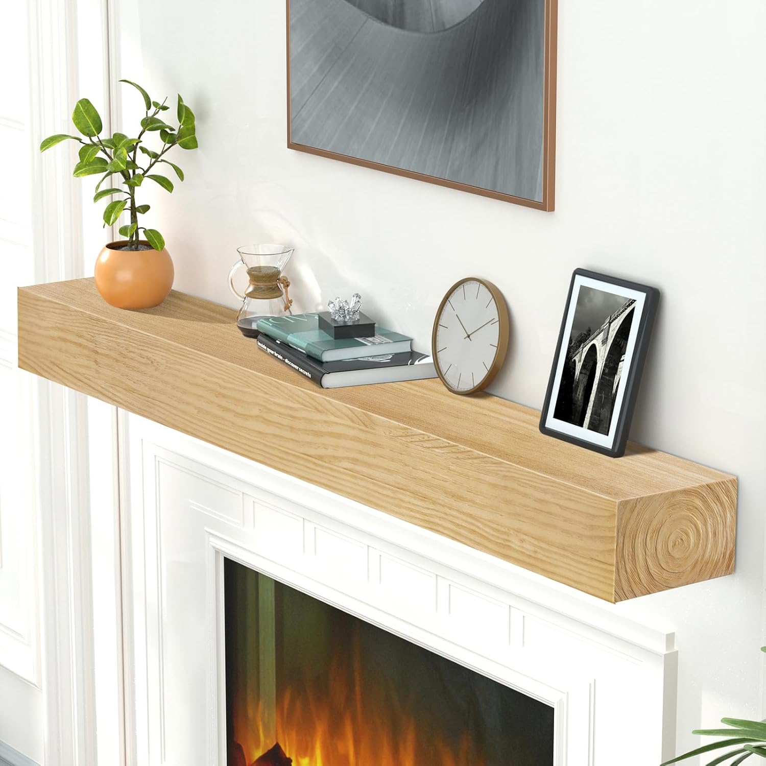ROOMTEC Fireplace Mantel,60" Wood Floating Fireplace Shelves,Wall Mounted Wooden Display Shelving,Handcrafted Wood Brack,Natural Mantels Over Fireplace, Upgraded Resin End Caps, 60" x 8" x 5"-Aged Oak