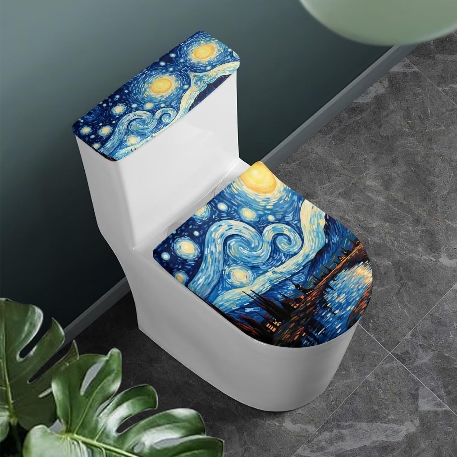 Flashideas Van Gogh Starry Night Toilet Lid Covers and Tank Cover Set Soft Plush Seat Covers Tank Lip Covers Easy to Clean Bathroom Decoration Accessories Machine Washable