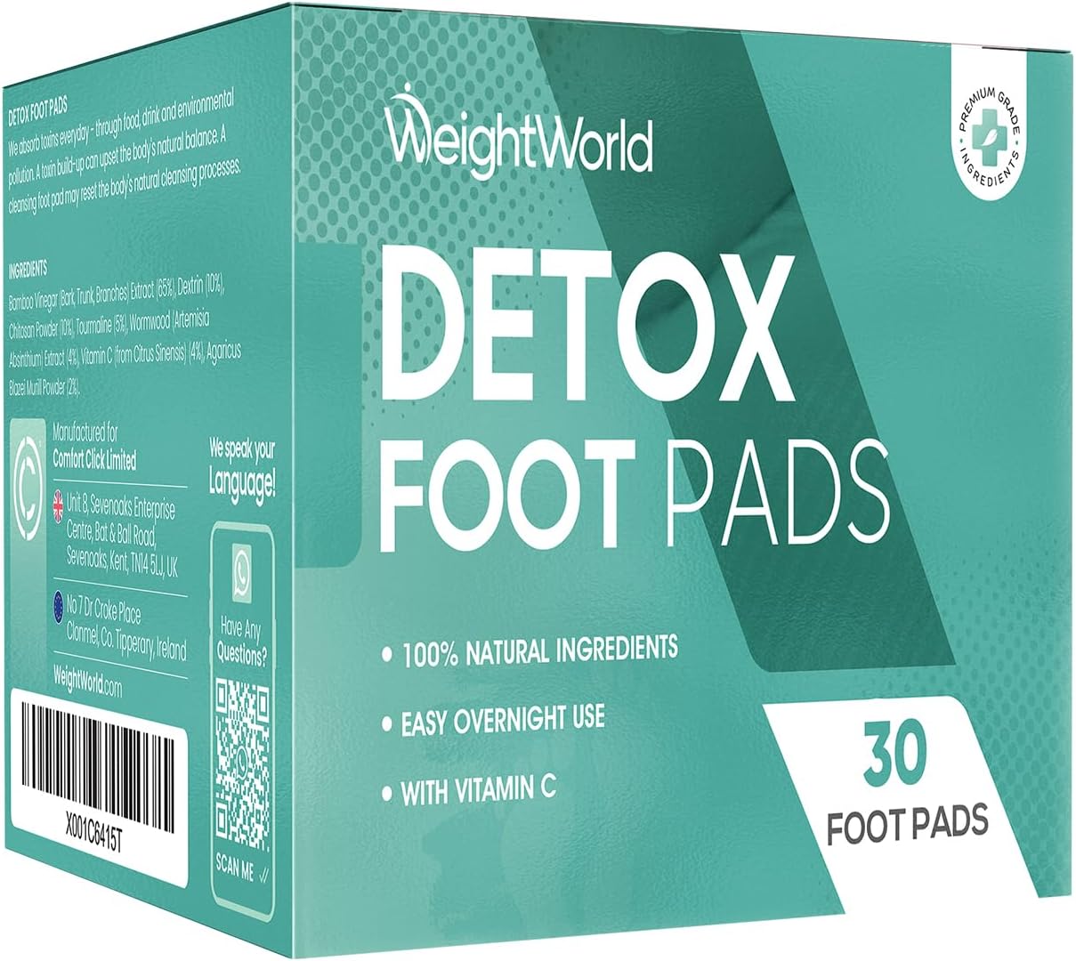 Detox Foot Patches - 30 Detox Foot Pads - 100% Natural Ingredients - Easy Overnight Use - with Vitamin C - for Men & Women - Made in The UK