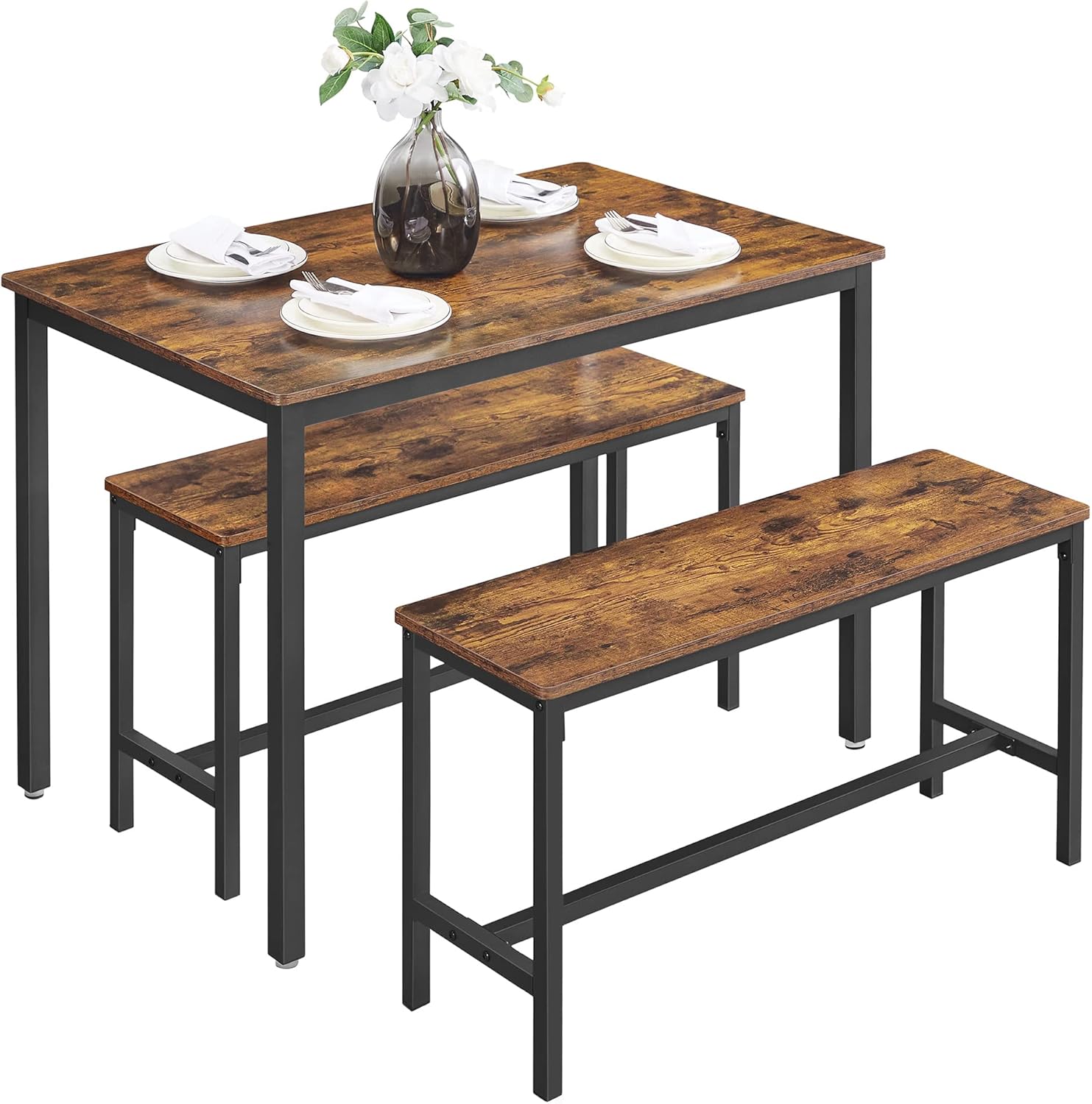 VASAGLE Dining Table with 2 Benches, 3 Piece Set, Kitchen Table of 70 x 110 x 75 cm, 2 Benches of 30 x 97 x 50 cm Each, Steel Frame, Industrial Design, Rustic Brown and Black KDT070B01