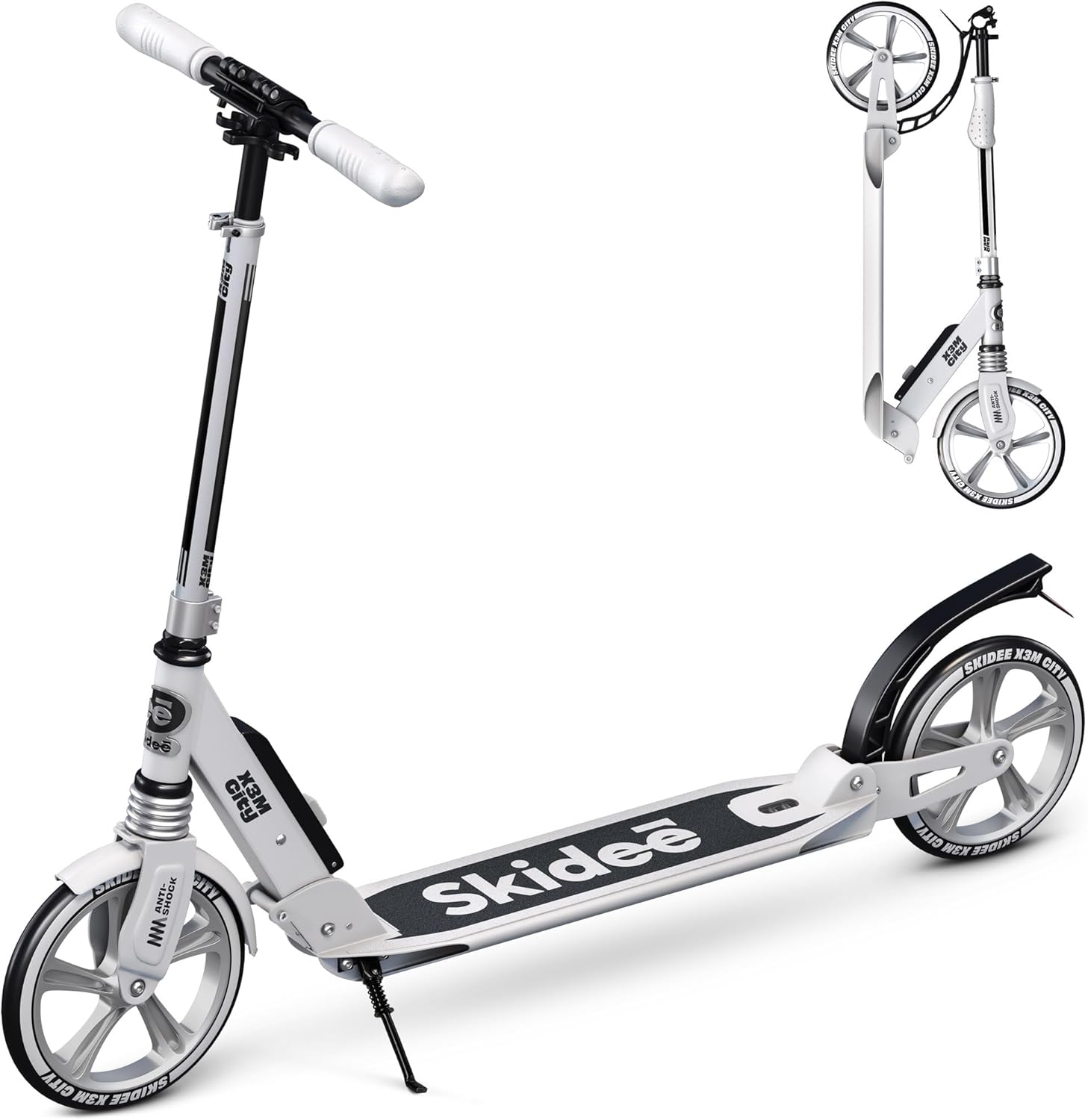 Skidee Adult & Teen Scooter Adjustable Height, Folding, Large Wheels, Lightweight, Durable, Anti-Shock Suspension, Up to 220 lbs