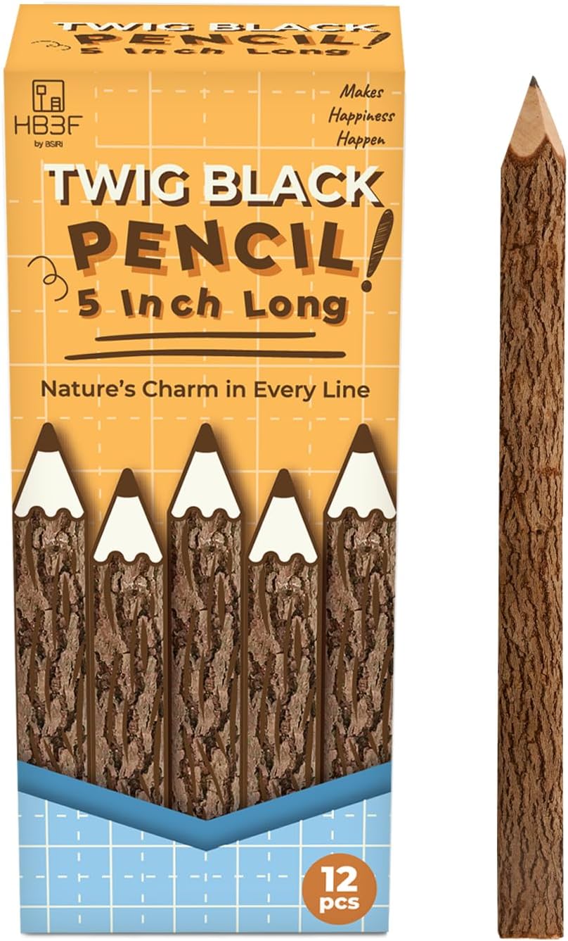 BSIRI Wooden Pencils Rustic Bark Twig Natural Wood Pencil 12 Pack 5 Inch for Kids Classroom Woodland Party Favors Camping Day Decorations Camp Themed Supplies Novelty Gifts