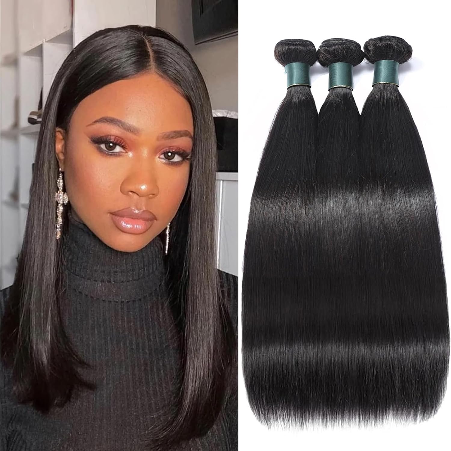 Great Grace Brazilian Straight Bundles Human Hair 12 14 16 Inch 12A 100% Unprocessed Virgin Human Hair Weave 3 Bundles Deals Natural Black Color (Natural Balck 3 Bundles, 12 14 16)