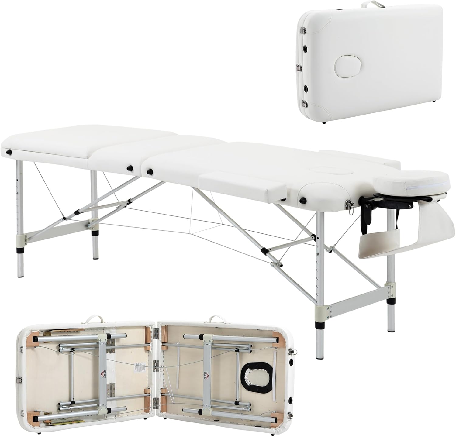 HOMCOM Foldable Massage Bed Portable Table, 3-Section Aluminium Foldable Beauty Couch, Professional Salon Spa Table with Headrest Support and Carry Bag, 81 cm Width, White