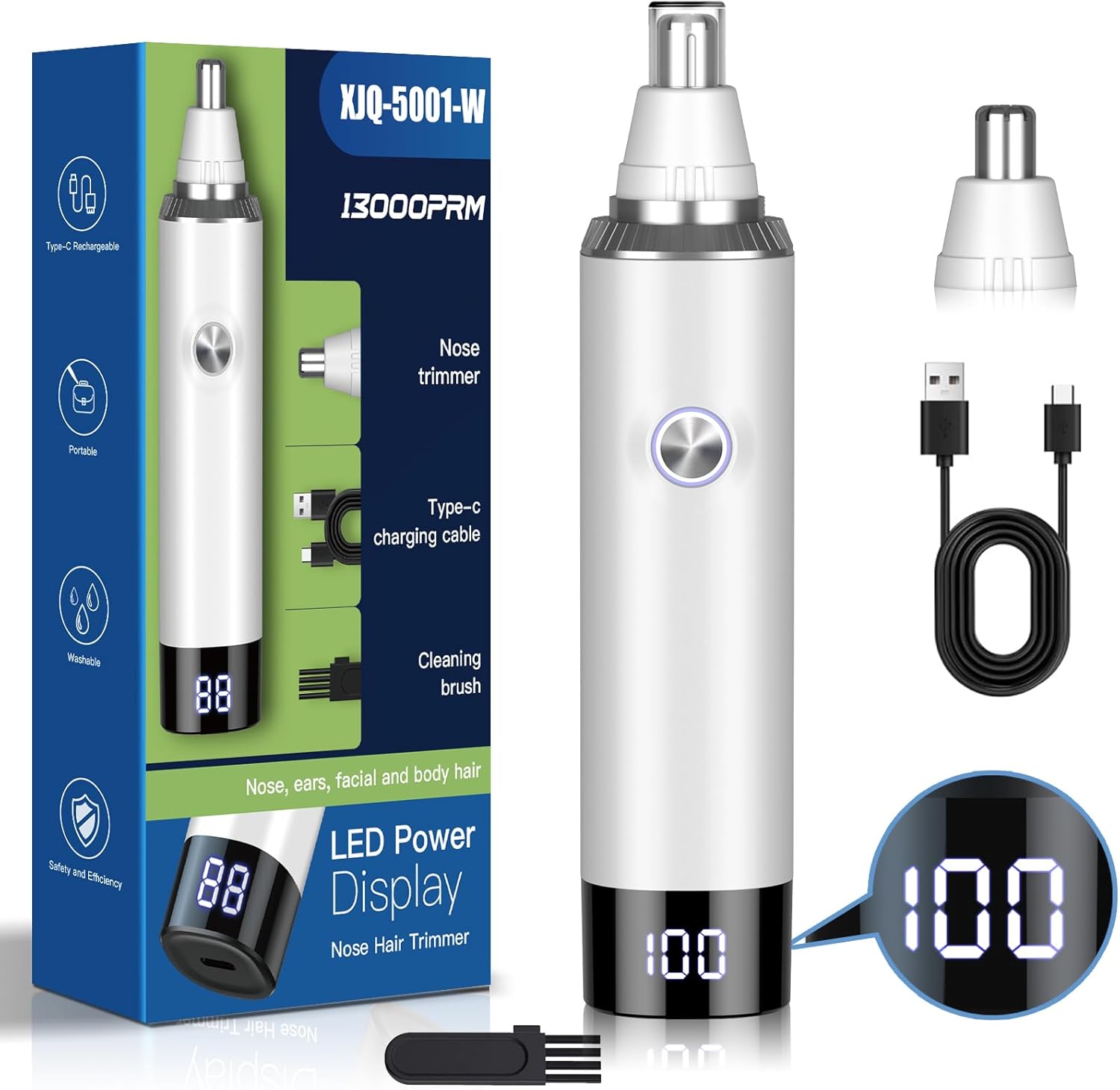 Nose & Ear Hair Trimmer Clipper with LED Display for Men Women, 2025 Model Painless USB Rechargeable Eyebrow & Facial Hair Trimmer,Professional IPX7 Waterproof Dual Edge Blades (White)