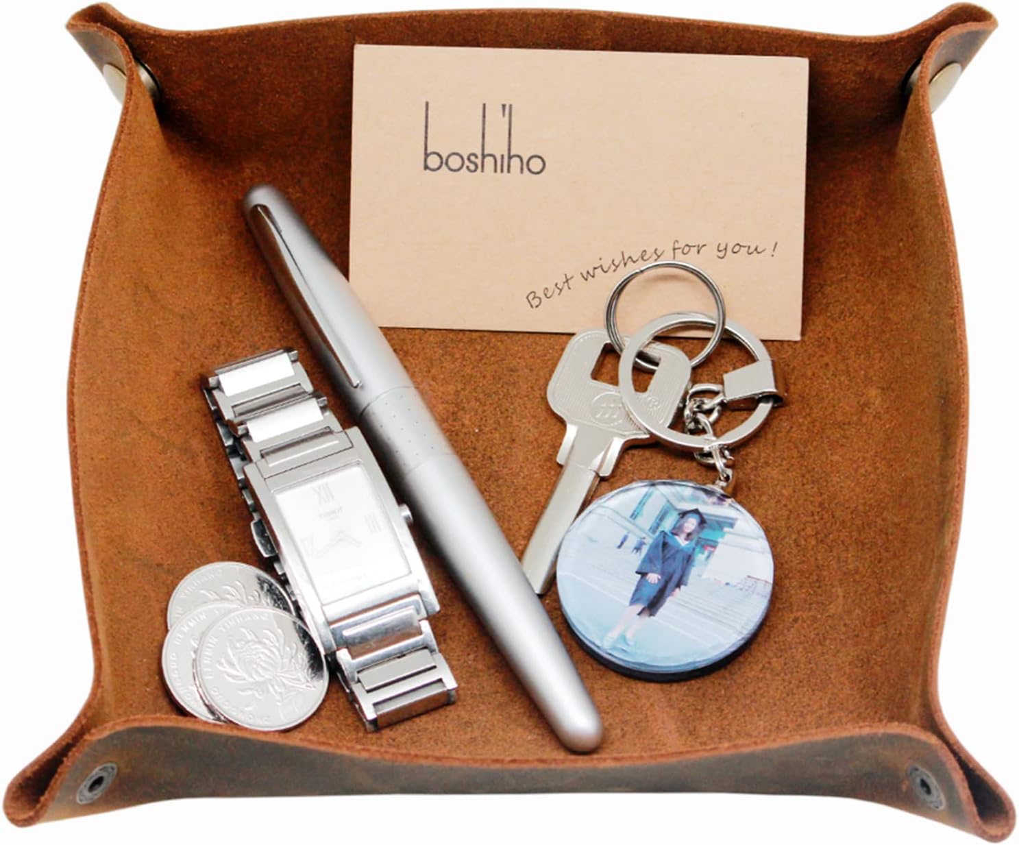 boshiho Valet Tray for Men, Leather Jewelry Catchall Key Phone Coin Box Change Caddy Bedside Storage Box (Dark Brown)
