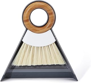 Full Circle Tiny Team Mini Compact Brush & Dustpan Set, Portable Handheld Broom for Quick Cleanups, Ideal for Home, Bathroom, Kitchen Countertops. Bamboo Hand Broom & Small Crumb Sweeper, White
