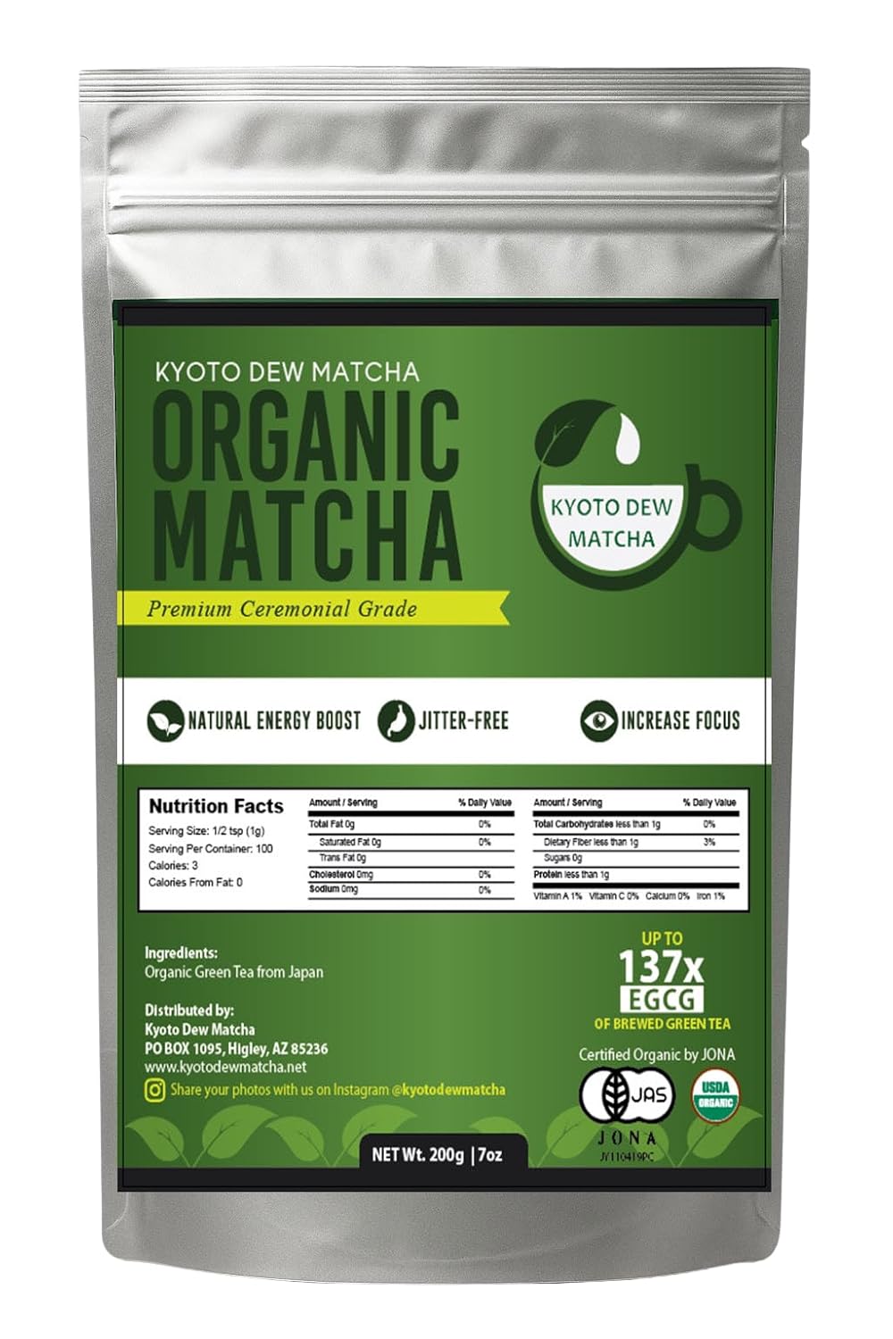 Kyoto Dew Matcha – 7 oz – USDA & JAS Organic Premium Ceremonial Japanese Matcha Green Tea Powder – Stone-Ground First Harvest – Zero Sugar