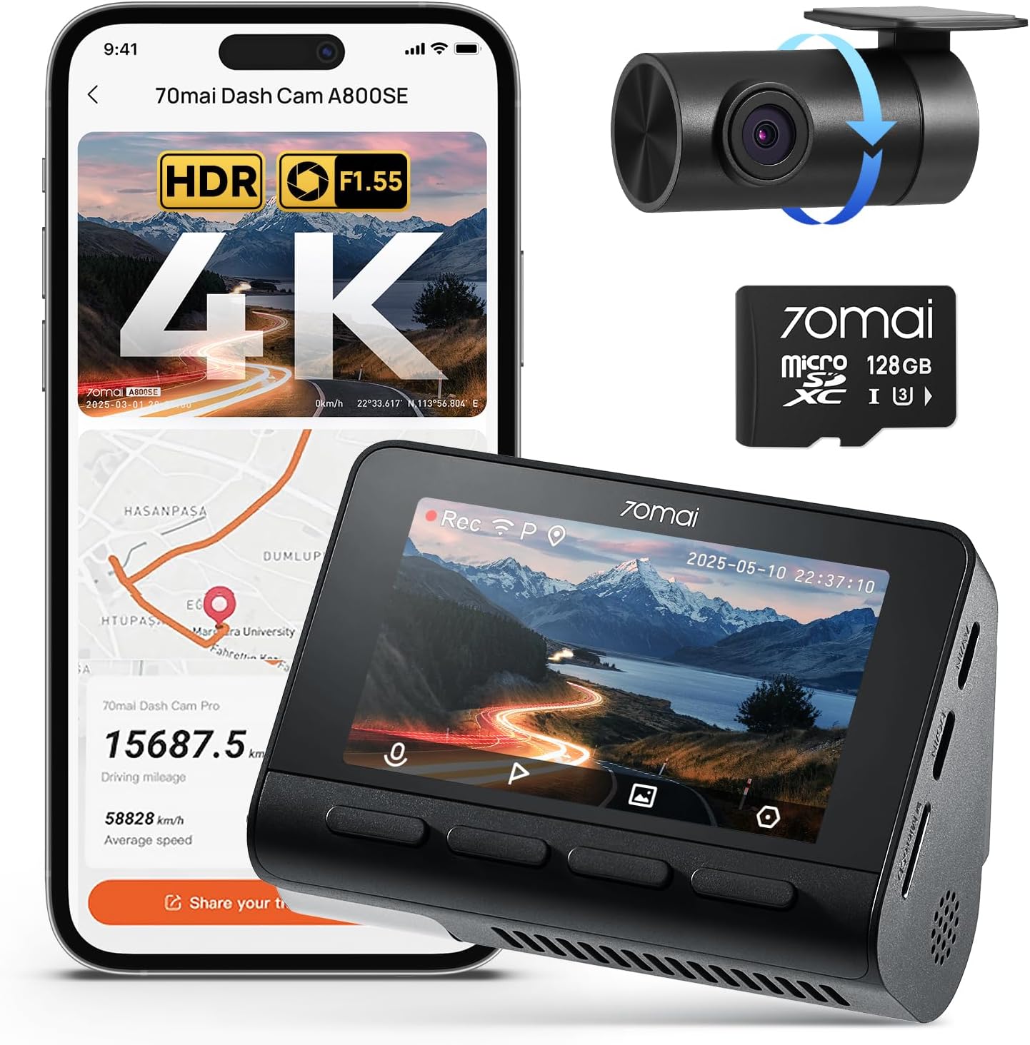 70mai A800SE Dash Cam Car Front Rear 4K UHD+1080P with GPS WiFi, Dual Car Camera with 128GB SD Card, F1.55 Aperture Dual HDR, Night Vision, ADAS, 3 "IPS, 24/7 Parking Monitoring, Supports 512 GB Max
