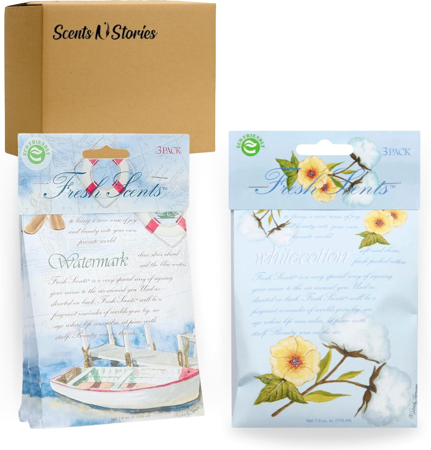 Watermark & White Cotton Sachets 6 Pack Fresh (3 Each) with Scent N Stories Box, Premium Scented Packets for Lasting Freshness in Every Space.