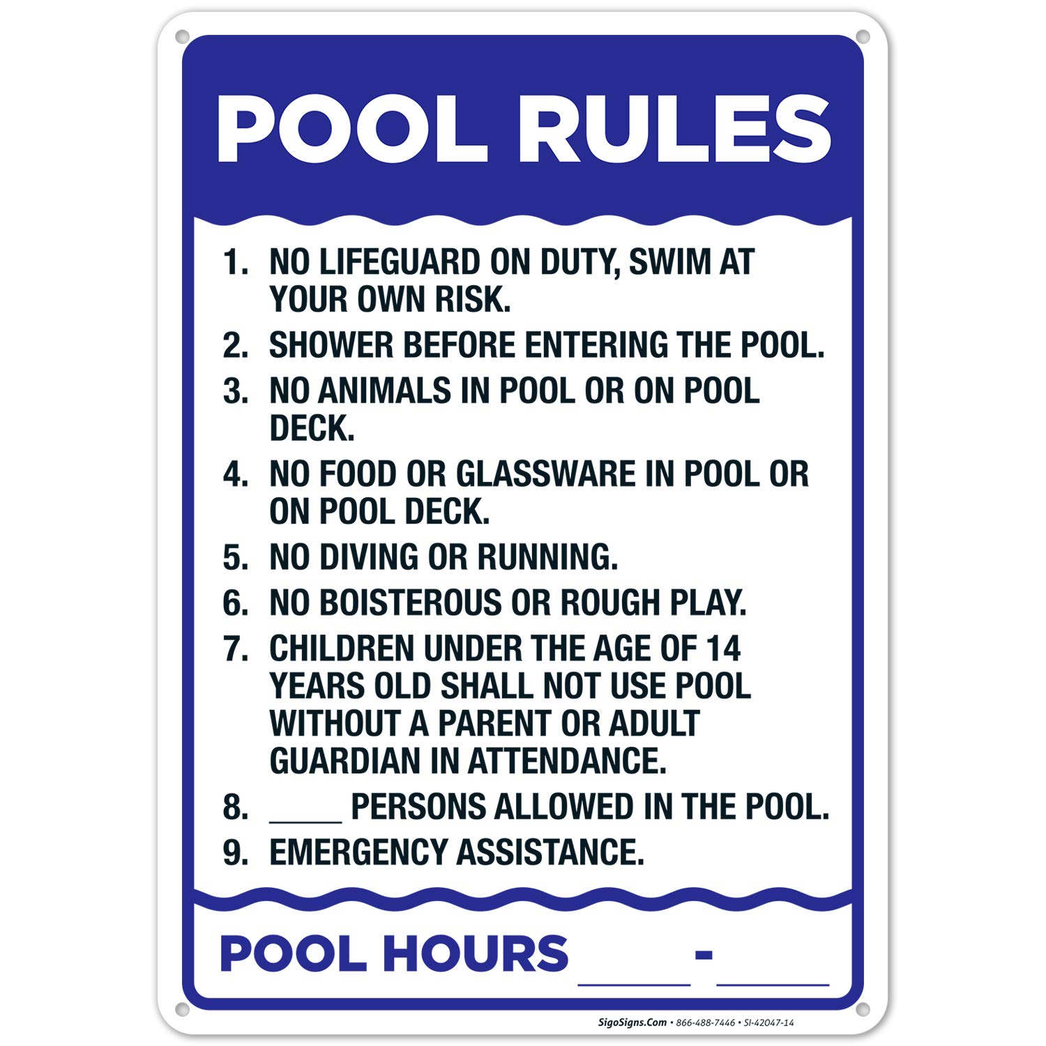 Pool Rules Sign, 10x14 Inches, Rust Free .040 Aluminum, Fade Resistant, Made in USA