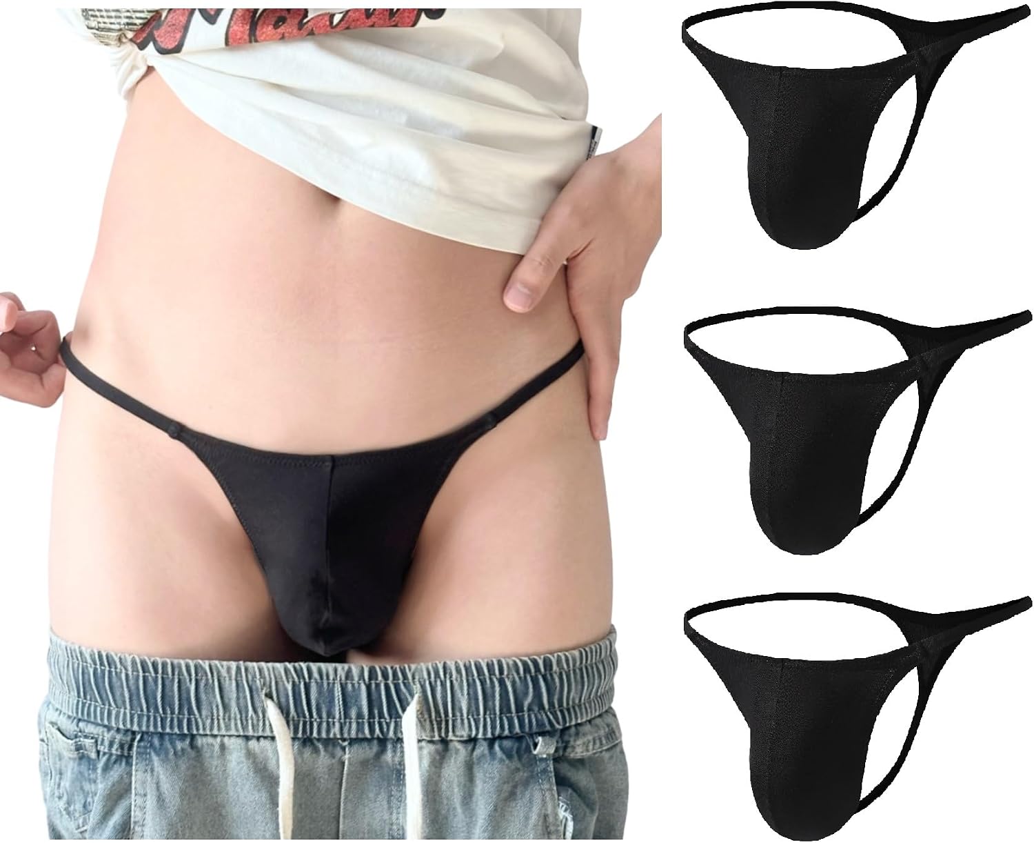 Men's Cotton T-Back G-String 3D Pouch Black/Black/Black 3 Pack