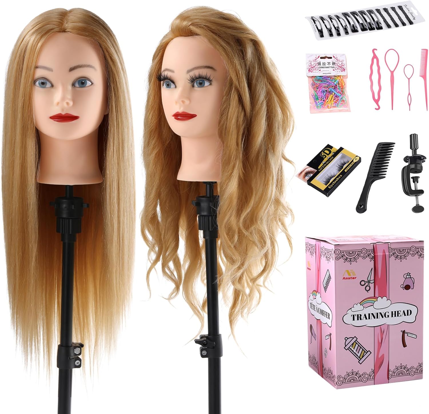 Hairdressing head 70% Real hair, Mannequin Head with Hair Doll Head for Hair Styling Cosmetology Training Styling Head Practice Head with table clamp + Hairdressing Tools Accessories Set