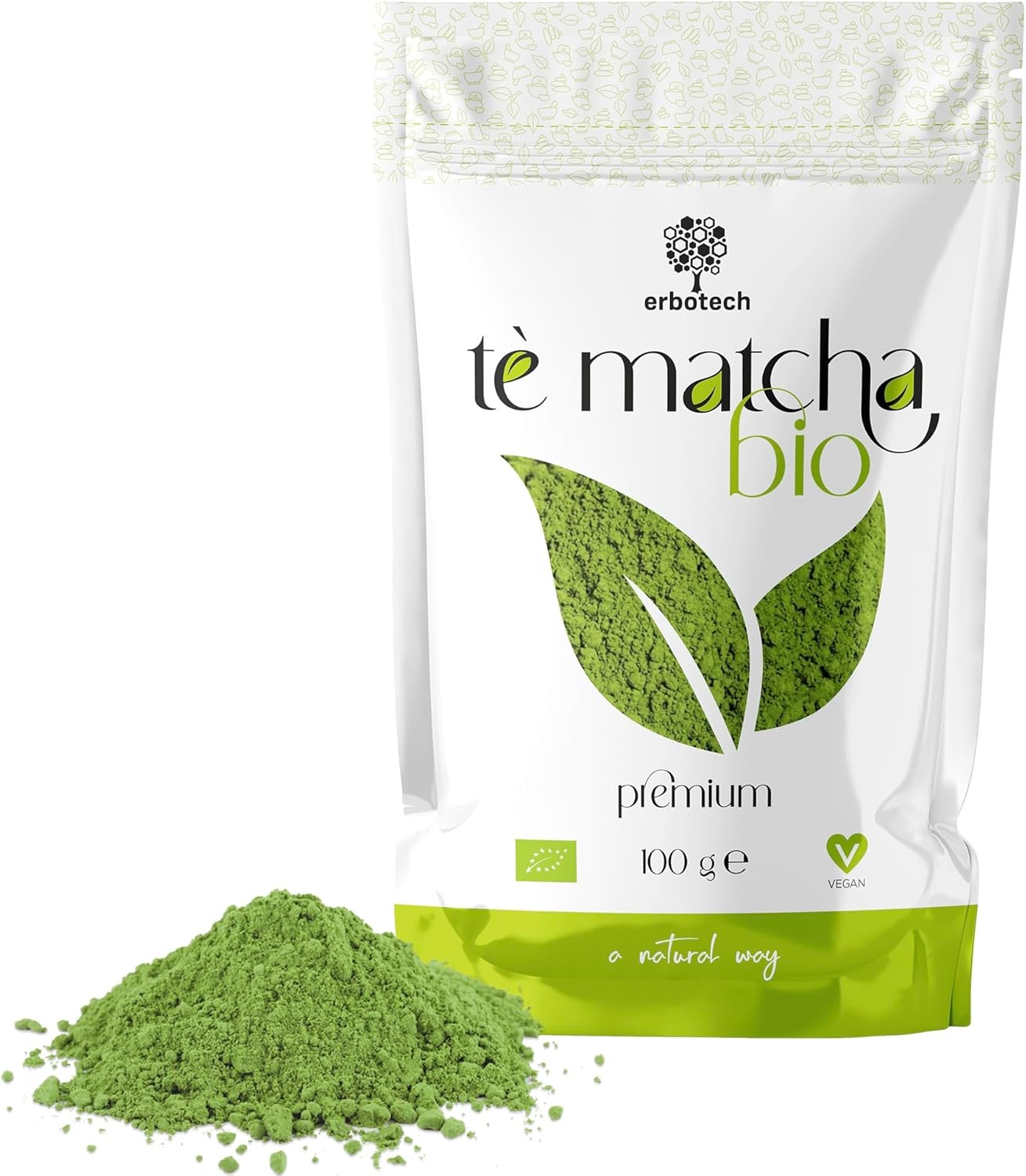 ERBOTECH - BIO Matcha Tea/Organic Japanese Green The Powder 100g, 100% Natural Multivitamin, Vegan. Ideal for Cakes, Smoothies, Iced Tè