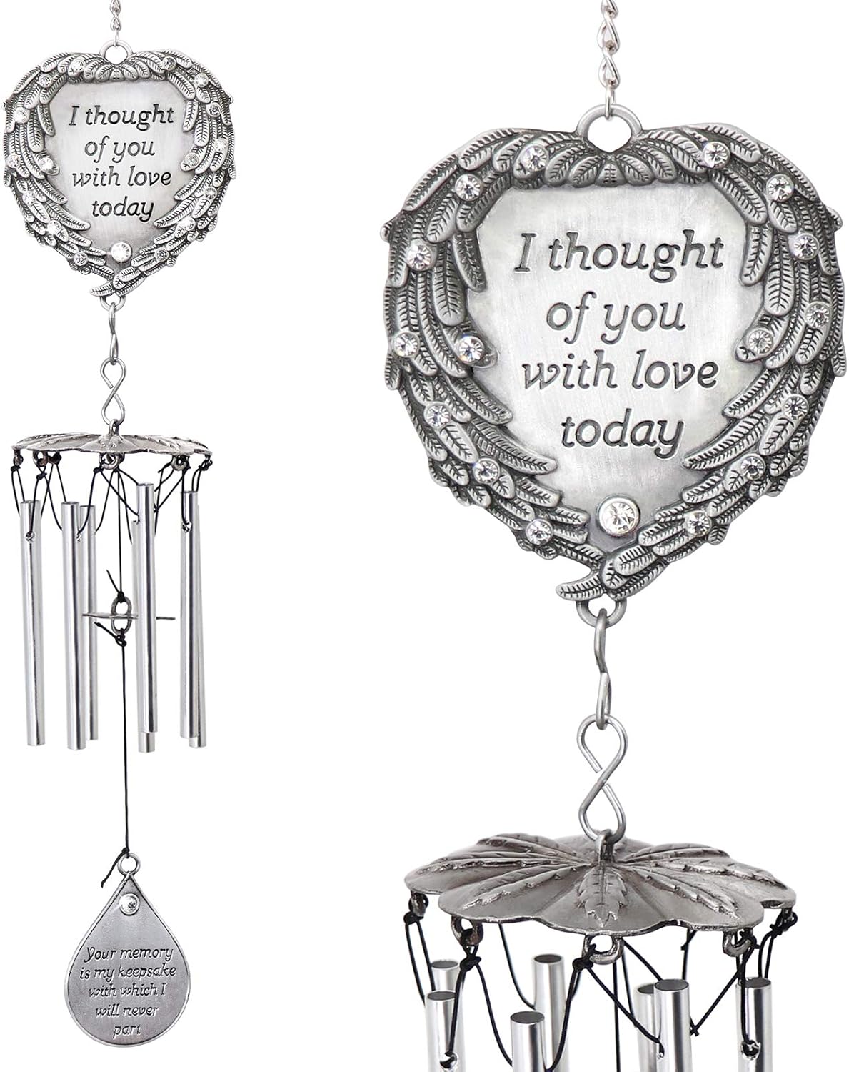Memorial Wind Chimes Engraved Poem I Thought of You with Love Today Angel Wings Enfold A Heart & Shining Teardrop Diamonds - Great As Souvenirs Condolence in Loving Memory Suncatcher