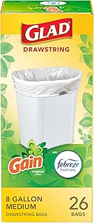 Glad Trash Bags, Medium Drawstring Garbage Bags, 8 Gal, Gain Original Scent with Febreze, 26 Ct, Pack May Vary