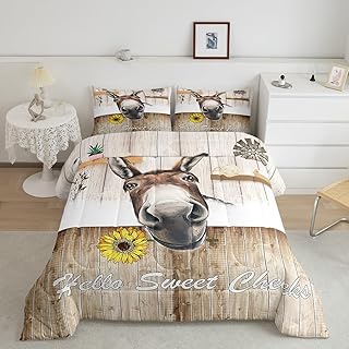 Manfei Cute Donkey Comforter Set Queen Size, Farm Animal Theme Bedding Set 3pcs for Kids Boys Teens Bedroom Decor, Rustic Style Wooden Stripe Print Quilt Set with 2 Pillowcases