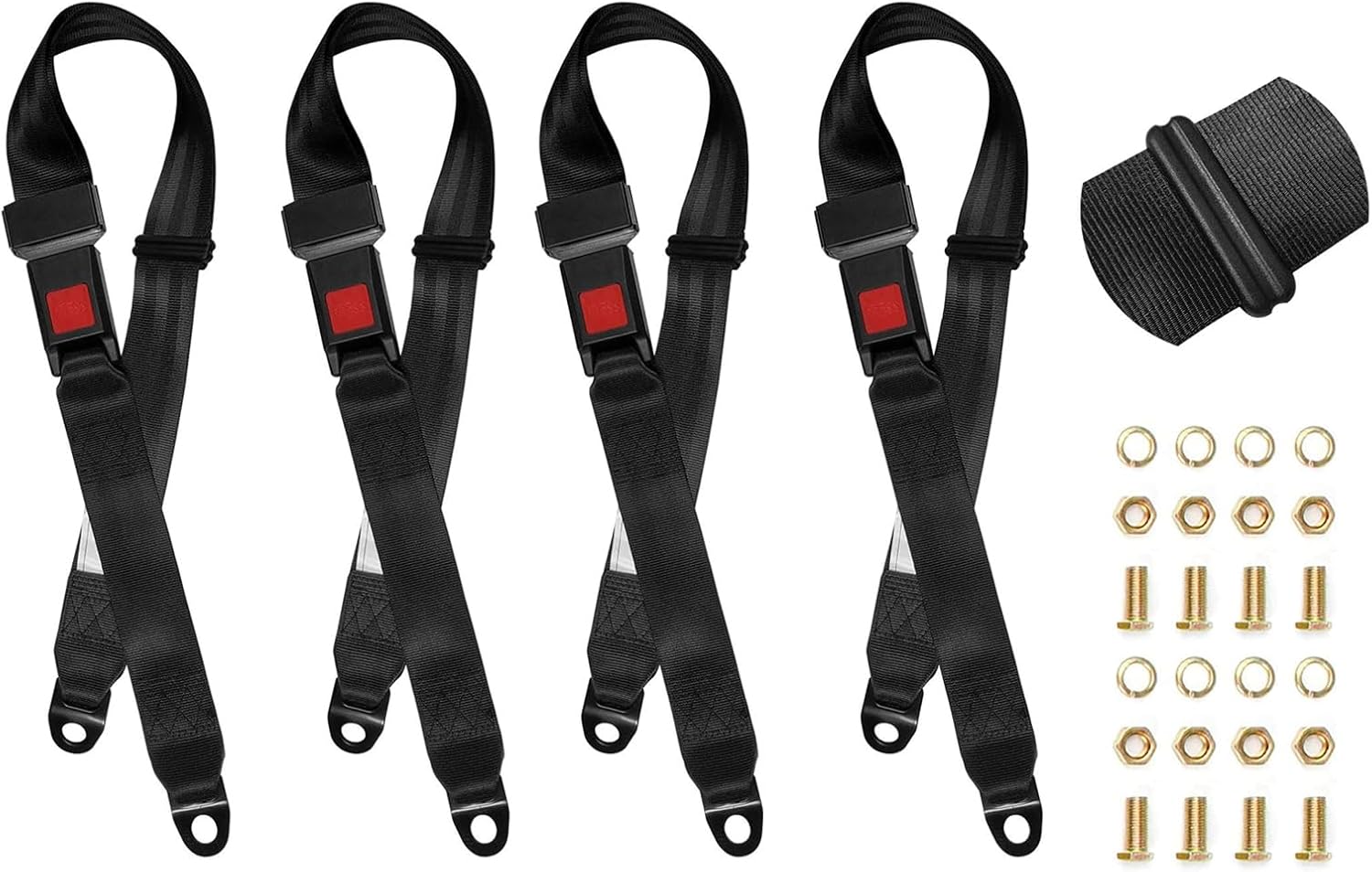 Universal Seat Belt 2 Point Adjustable Belts Harness Kit for Go Kart, Club Golf Cart in Black (54-Inch with Installation Screws) (Set of 4)