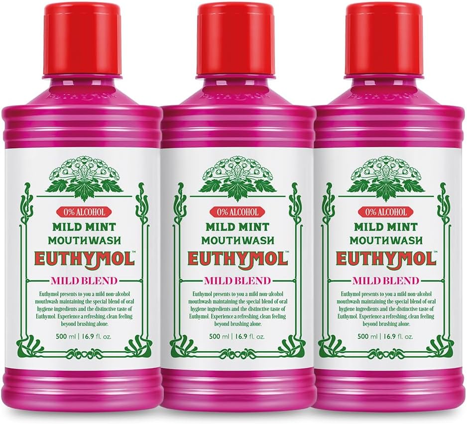Euthymol Mouthwash Mild Mint 500ml x 3, Contains Flouride Alcohol-Free, Distinctive Strong Taste Flavour, Reduce Plaque Gingival Clean Healty Teeth Gums, Freshens Breath Refreshing Oral Dental Care
