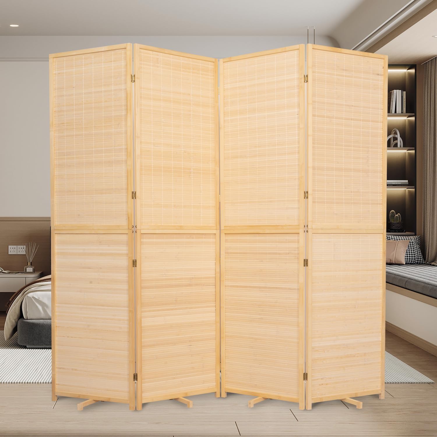 Bamboo Room Divider Folding Privacy Screens, Wall Divider for Room Separation, Portable Room Partitions and Dividers, 5.6FT Bamboo Mesh Woven Room Divider Panel (Beige, 4 Panel)