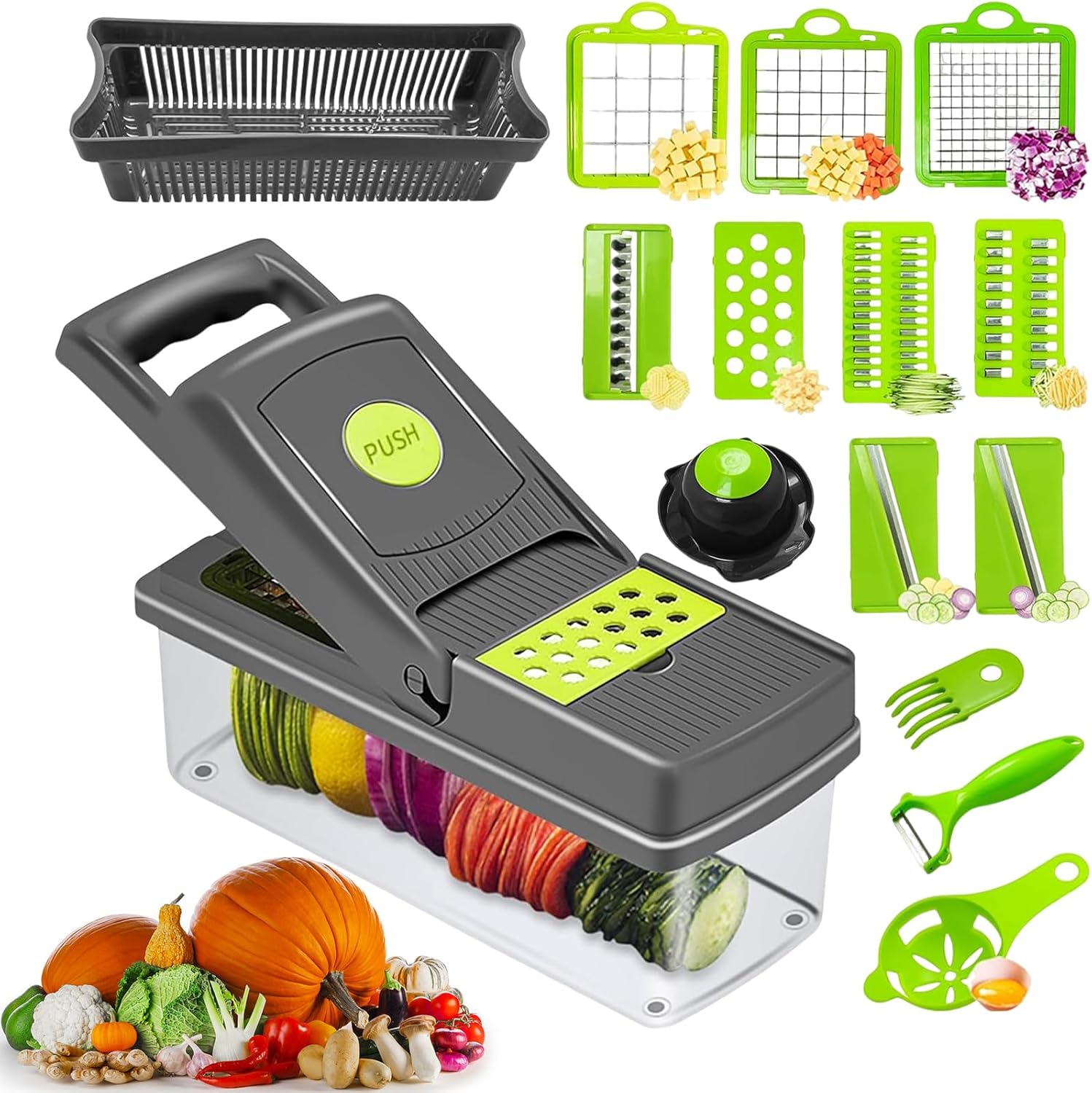 Vegetable Chopper, Onion Chopper, Mandolin Slicer,Pro 14 in 1professional food Choppermultifunctional Vegetable Chopper and Slicer, Dicing Machine, Carrot and Garlic Chopper With Container