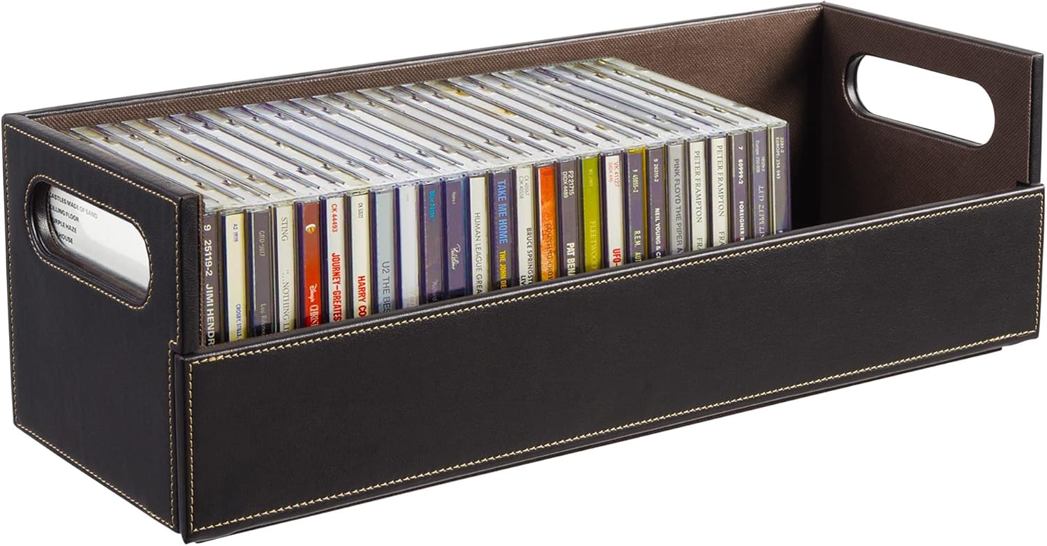 Stock Your Home CD Storage Box, Organizer Shelf for Movie Cases, DVDs, Cassette Tape Display Stand, Disc Holder Can Store Up to 40 CDs, Faux Leather (Brown)