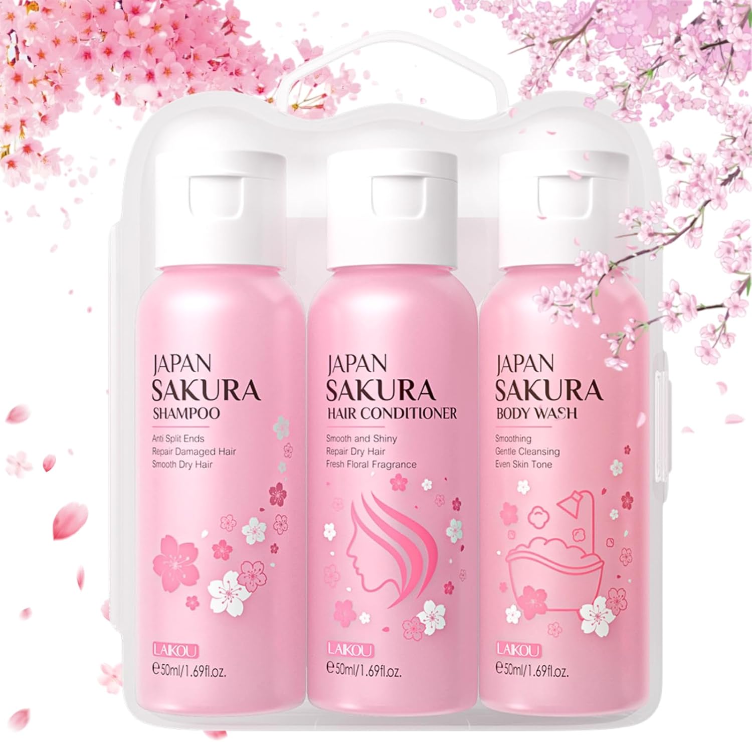 Sakura Shower Gift Sets for Women, Bath & Hair Care Set, Travel Size Shampoo and Conditioner, Women Gift Sets with Hair Shampoo and Conditioner Sets and Body Wash - 3 In 1