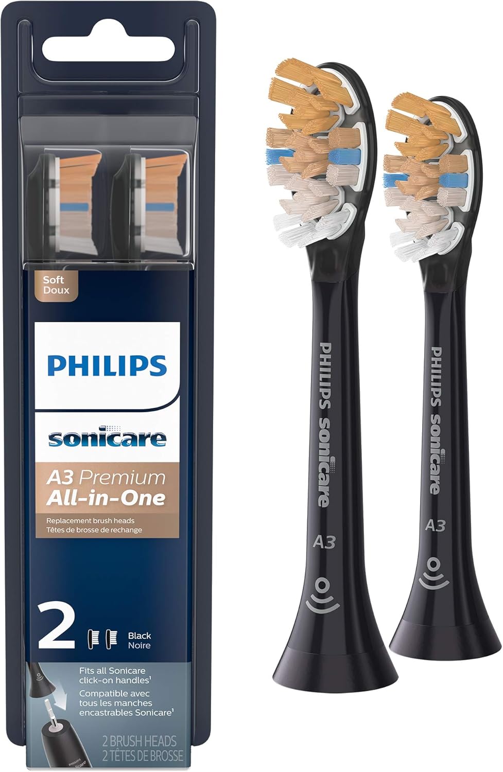 Philips Sonicare Genuine A3 Premium All-in-One Replacement Toothbrush Heads, 2 Brush Heads, Black, HX9092/95