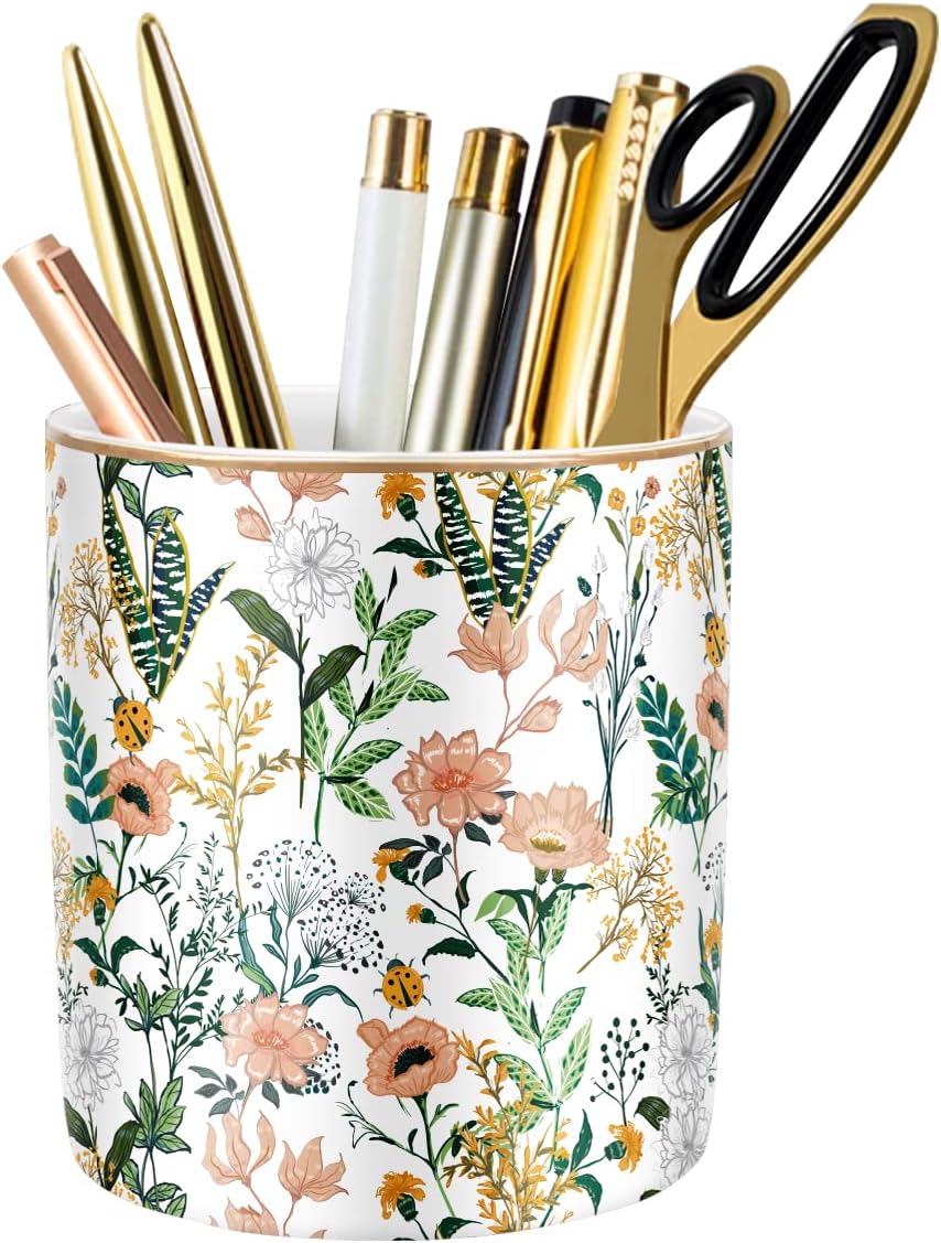 WAVEYU Large Capacity Colored Pen Holder for Desk, Ceramic Pencil Holder Pen Cup Marker Holder Makeup Brush Holders, Desk Accessories & Workspace Organizers for Home, School & Office, White Flower