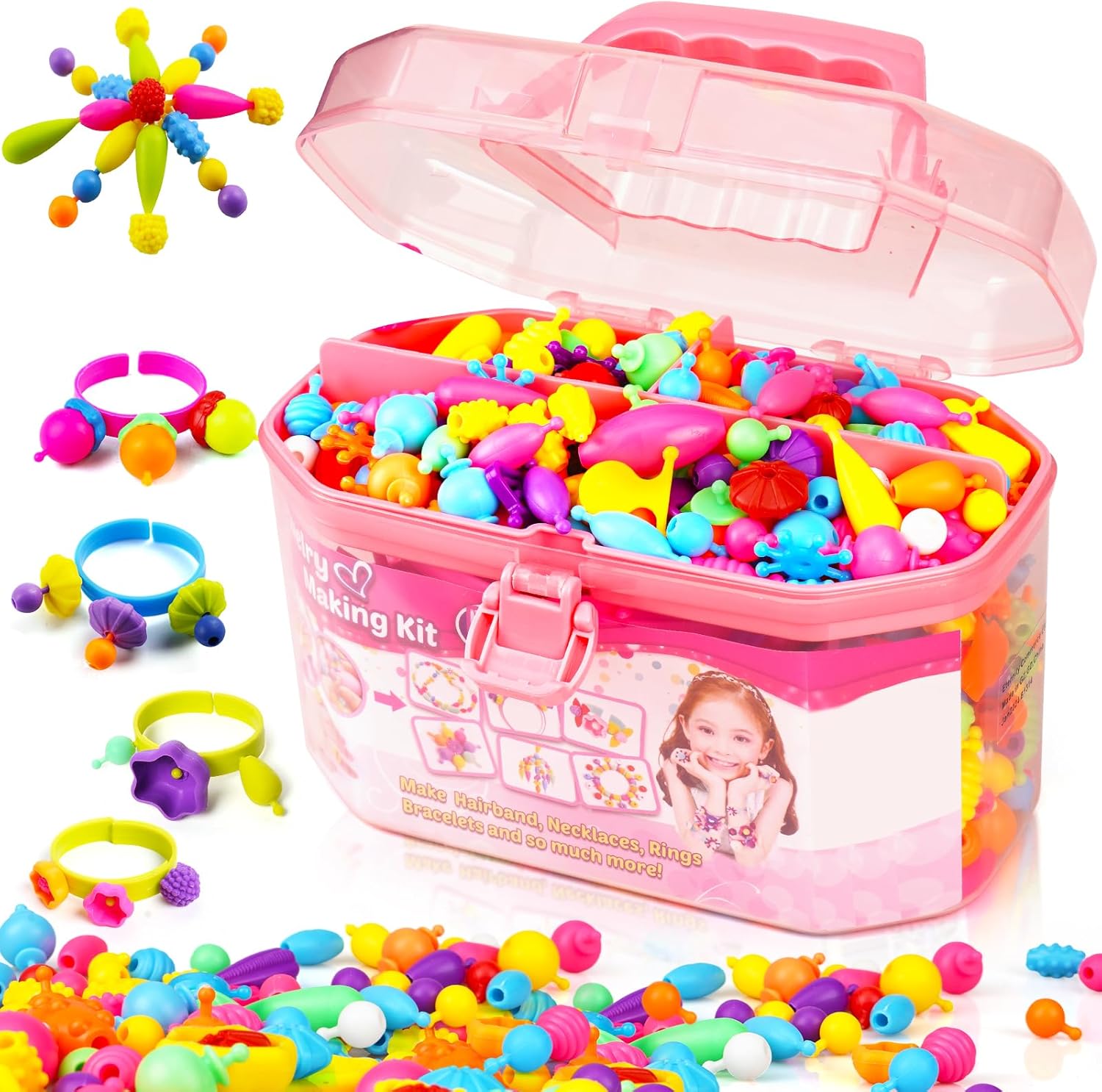 FUNZBO 650pcs Pop Beads - Jewelry Making Kit for 3 4 5 6 7 8 Year Old Little Girls, Arts and Crafts Toys for Kids, Necklace Bracelet Creativity Snap Set Top Best Christmas Birthday Gifts