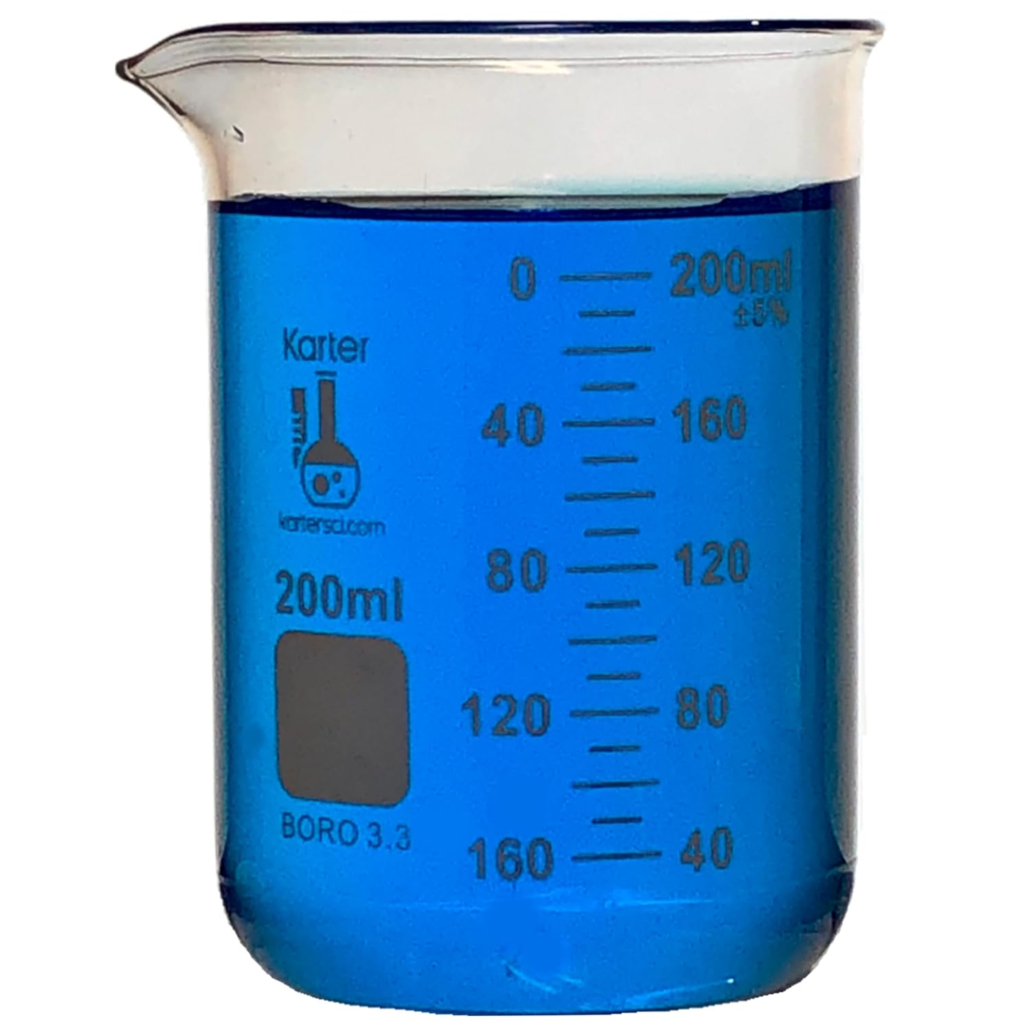 200ml Beaker, Low Form Griffin, Borosilicate 3.3 Glass, Double Scale, Graduated, Karter Scientific (Single)