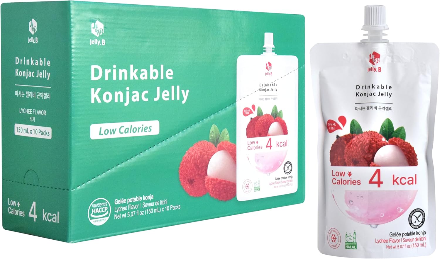 JELLY B Drinkable Konjac Jelly (10 Packs of 150ml) - 0 Gram Sugar, Only 7 kcal Each Packets (Lychee)