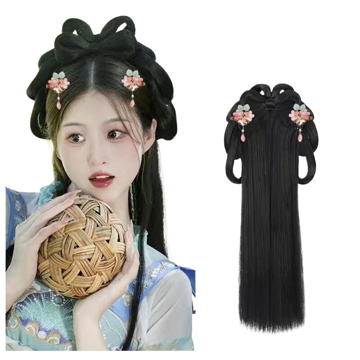 Fangool Chinese Style Women Wig Geisha Headband Wigs Ancient Headwear Wig Bun Hair Pieces Hanfu Headdress Dance Festival Wigs(Wig+huajiao)