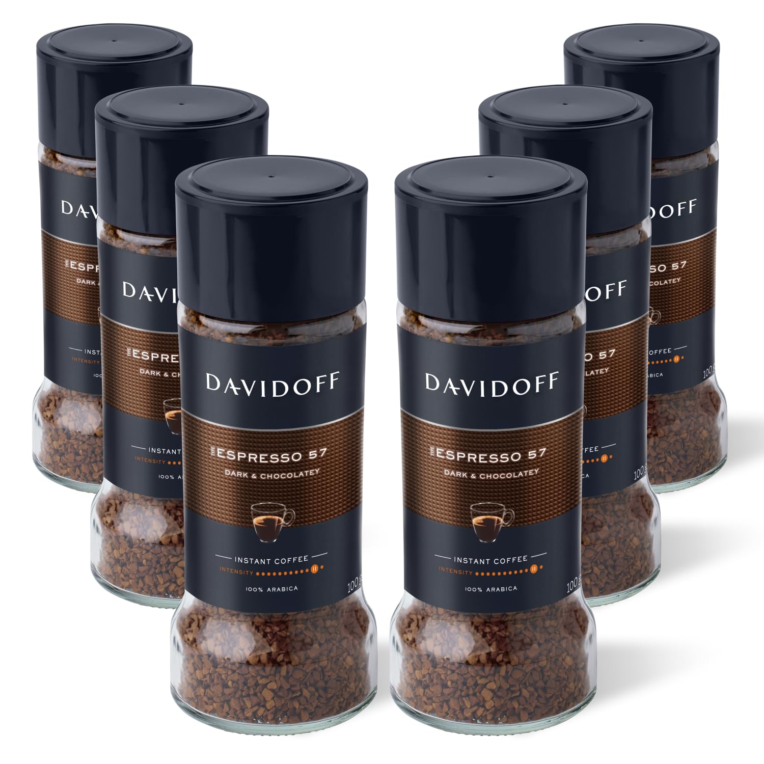 DAVIDOFF Espresso 57 Instant Coffee - Dark and Chocolatey - Intense Roast with a Smooth Aroma - 100% Arabica Beans - 11/12 Intensity. 12/12 Roasting. 6/12 Acidity - 6 x 3.52 oz
