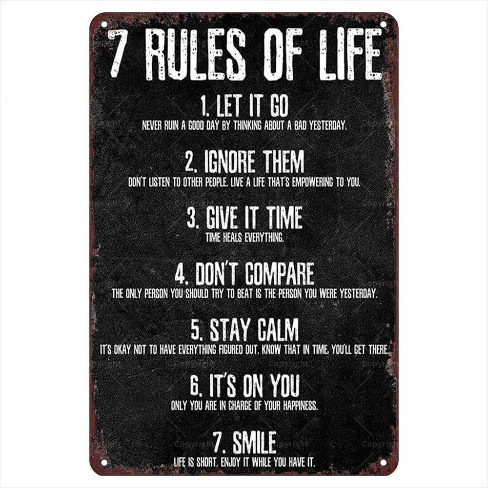 Life Retro Metal Tin Signs, 12" X 8", 7 Rules Of Life Vintage Tin Sign, Funny Wall Art Interior Decoration, Metal Poster For Home, Gifts For Life Lover.