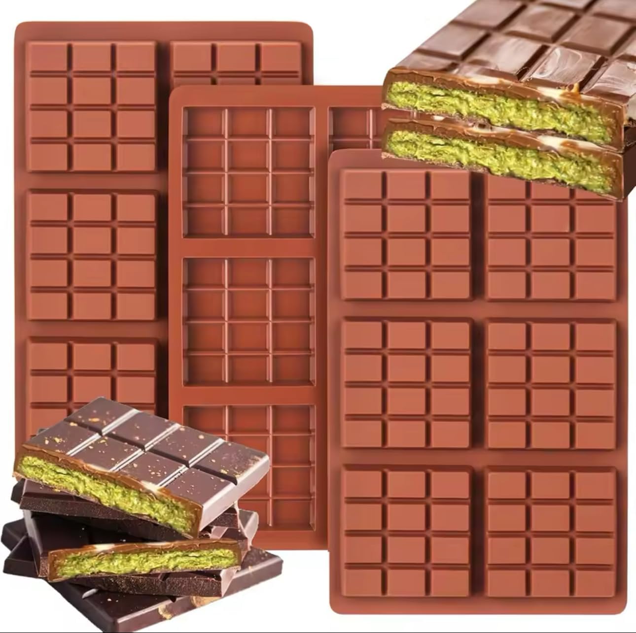 Dubai Chocolate Bar Mold for Filling Kunafa Pistachio, Small Candy Bar Molds Silicone Halloween Chocolate Molds for Stuffed Bar Thick - Small (Pack of 1) Makes 6 bars at a time