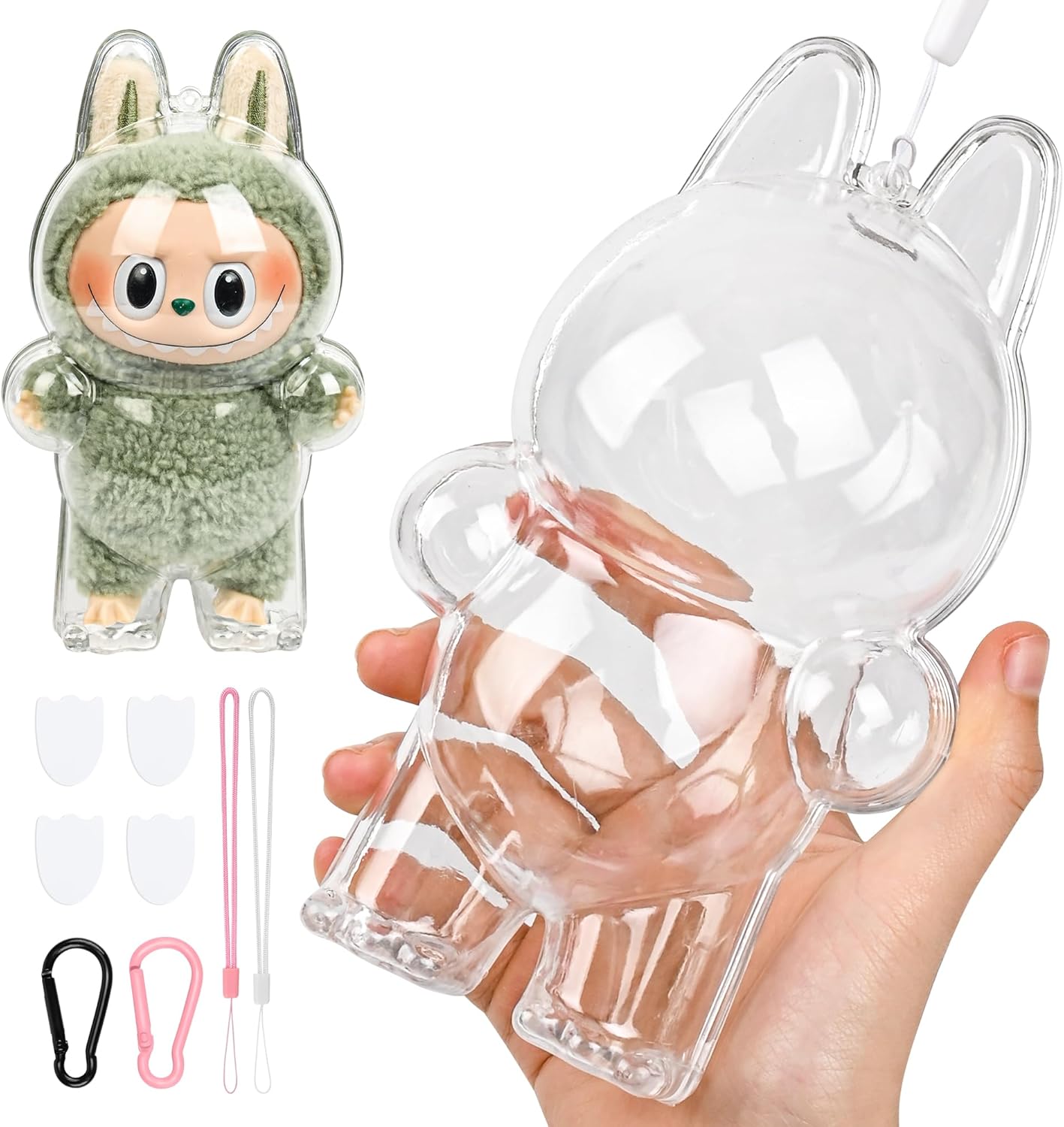 1-Pack Clear Protective Case Compatible with LABUBU Monsters Exciting,with Nylon Rope Buckle&Hard Box+Double-Sided Tape