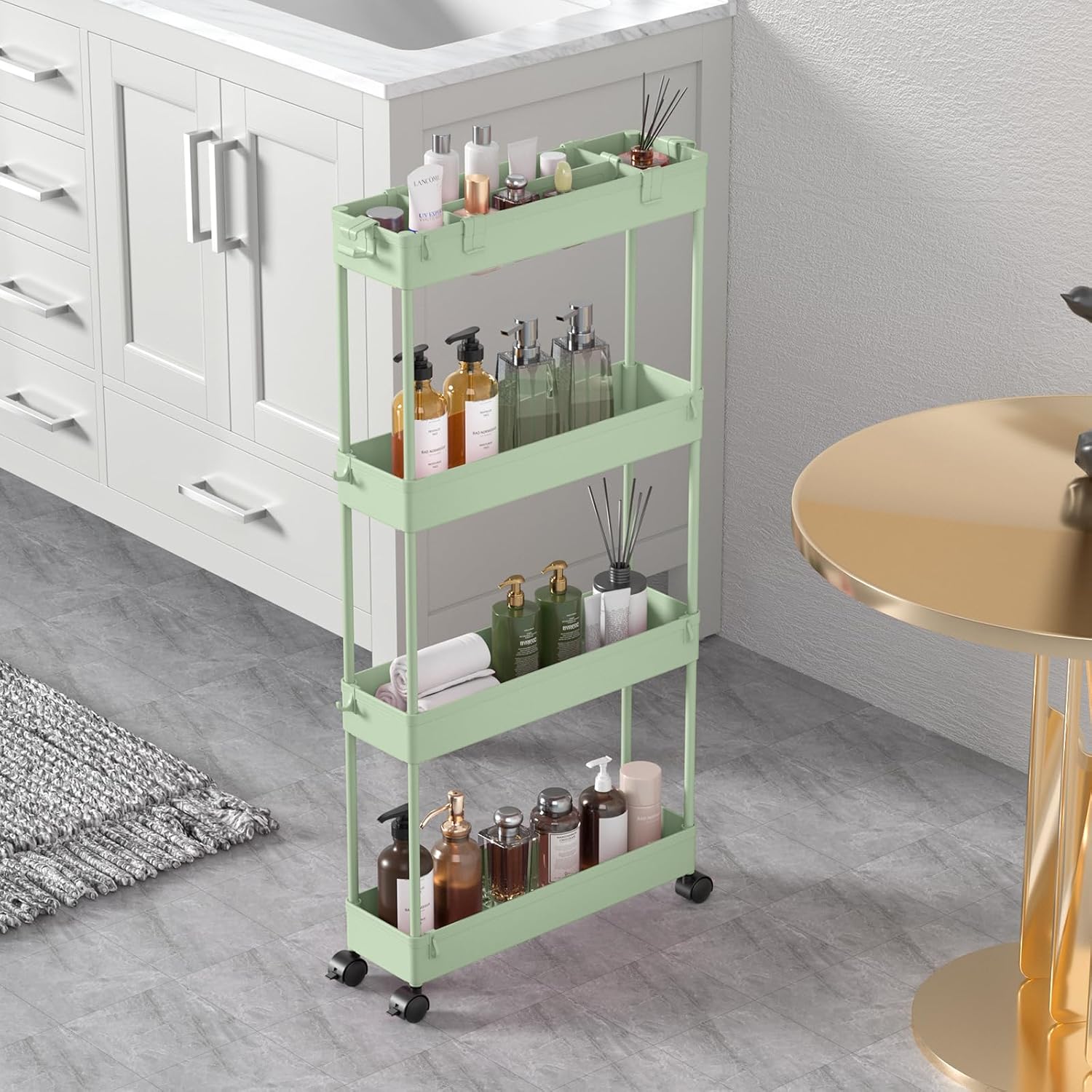 SPACELEAD Slim Storage Cart 4 Tier, Storage Organizer Rolling Utility/Mobile Shelving Unit Slide Out Storage Cart for Office, Bathroom, Kitchen, Laundry Room & Narrow Places, Green