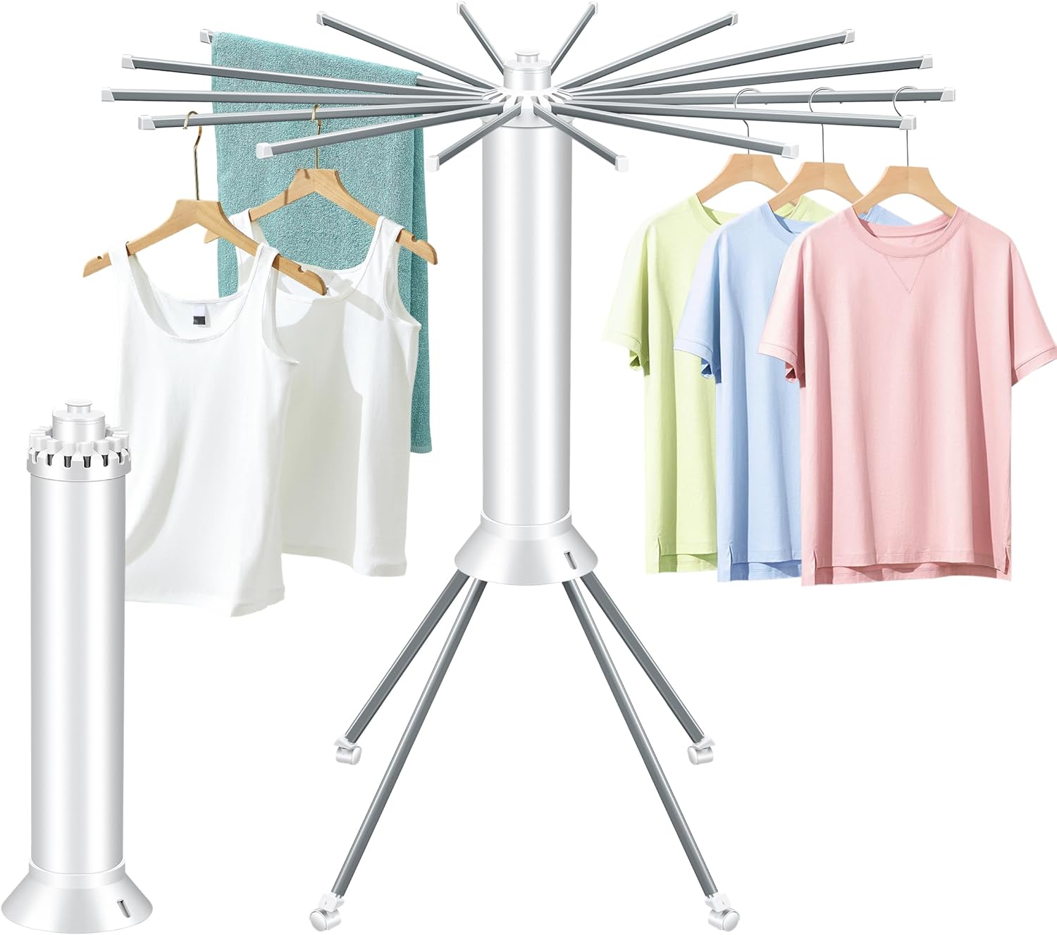 Clothes Drying Rack Wheels Foldable with Quadruped Support|Portable Laundry Drying Rack Hanger with Tail & Bottom Pulley - Convenient Storage & Outdoor Laundry Rack for Hanging Clothes