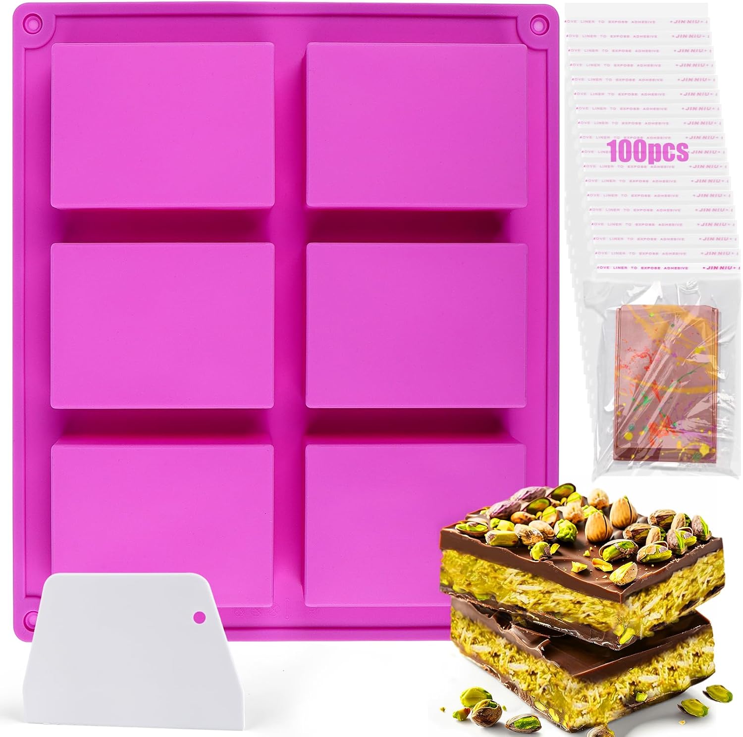 BABORUI 1 Inch Chocolate Bar Mold for Dubai Chocolate Bar Pistachio, 6 Cavities Silicone Chocolate Bar Mold Deep with Wrappers Scraper, Thick Candy Bar Mold for Filling Kunafa Chocolate Bar