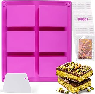BABORUI 1 Inch Chocolate Bar Mold for Dubai Chocolate Bar Pistachio, 6 Cavities Silicone Chocolate Bar Mold Deep with Wrappers Scraper, Thick Candy Bar Mold for Filling Kunafa Chocolate Bar