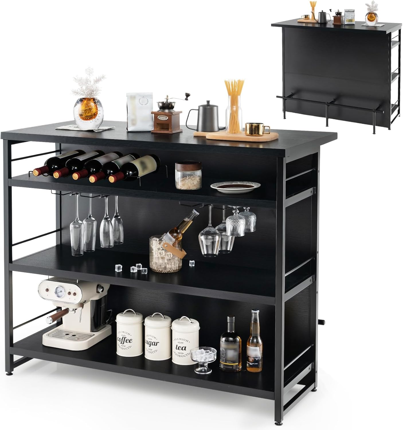 COSTWAY 2-in-1 Industrial Kitchen Island, 4-Tier Bar Table Sideboard with 3 Open Shelves, Wine Rack, Stemware Holders & Footrest, Wine Cabinet Storage Organizer for Home Pub (Black)