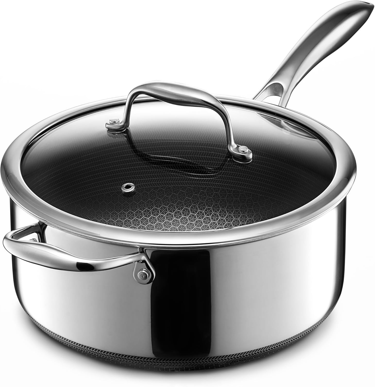 HexClad Hybrid Nonstick 5-Quart Saucepan with Tempered Glass Lid, Stay-Cool Handle, Dishwasher Safe, Induction Ready, Compatible with All Cooktops