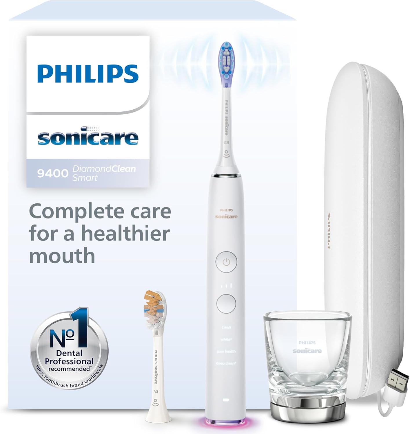 Philips Sonicare DiamondClean Smart 9400 Electric Toothbrush, Sonic Toothbrush with App, Pressure Sensor, Brush Head Detection, 4 Brushing Modes and 3 Intensity Levels, White, Model HX9917/88