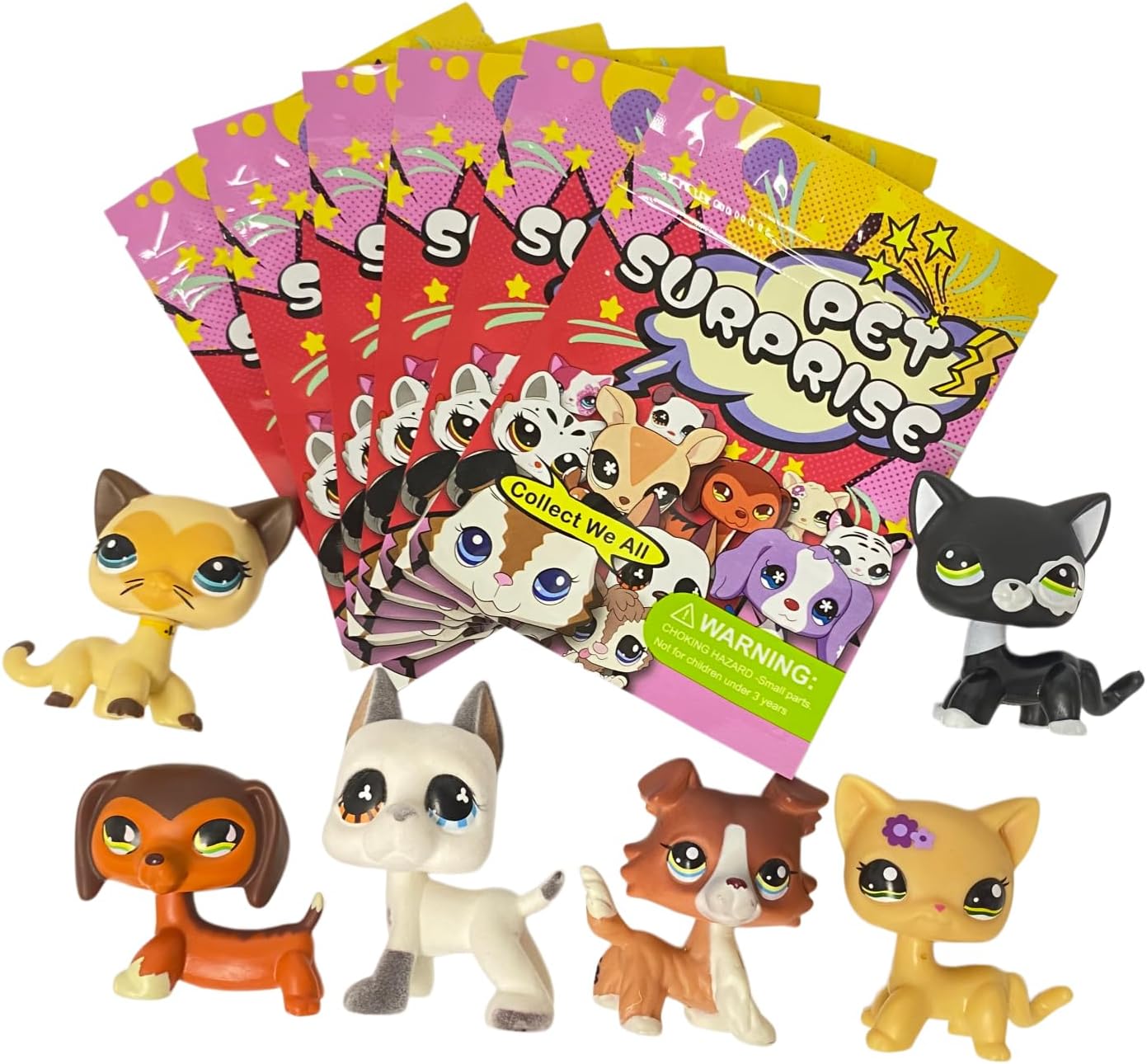 6PCS Custom-Made Flocked Old Pet Shop Toys Set Fuzzy Animal Figure Pack Short Hair Cat Dog Collie Dachshund Great dane Cocker Spaniel Lot with Neck Repair Accessories