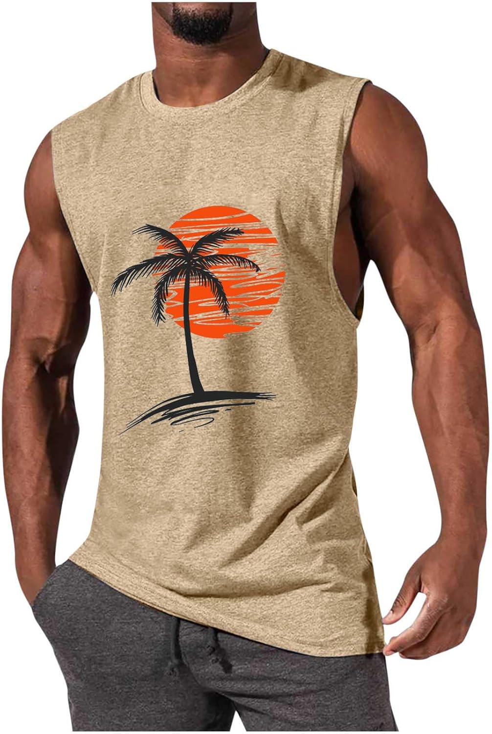 Men's Workout Tank Tops Gym Cut Off Sleeveless T Shirt Bodybuilding Fitness Muscle Athletic Tank Top Palm Tree Shirts Tee