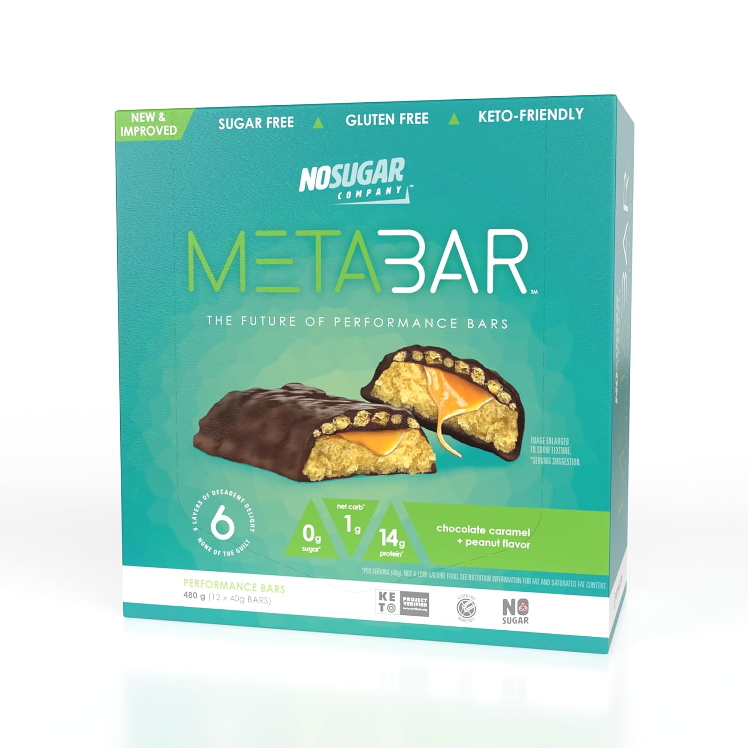 *NEW* No Sugar META BAR - High Protein Energy Bars, 0g Sugar, 14g Protein, Low Net Carb, Chocolate Caramel & Peanut - Grab & Go Protein Snack Bars with Six Layers of Decedent Delight - Gluten Free, Keto Friendly (Chocolate Caramel & Peanut, 12 Bars)