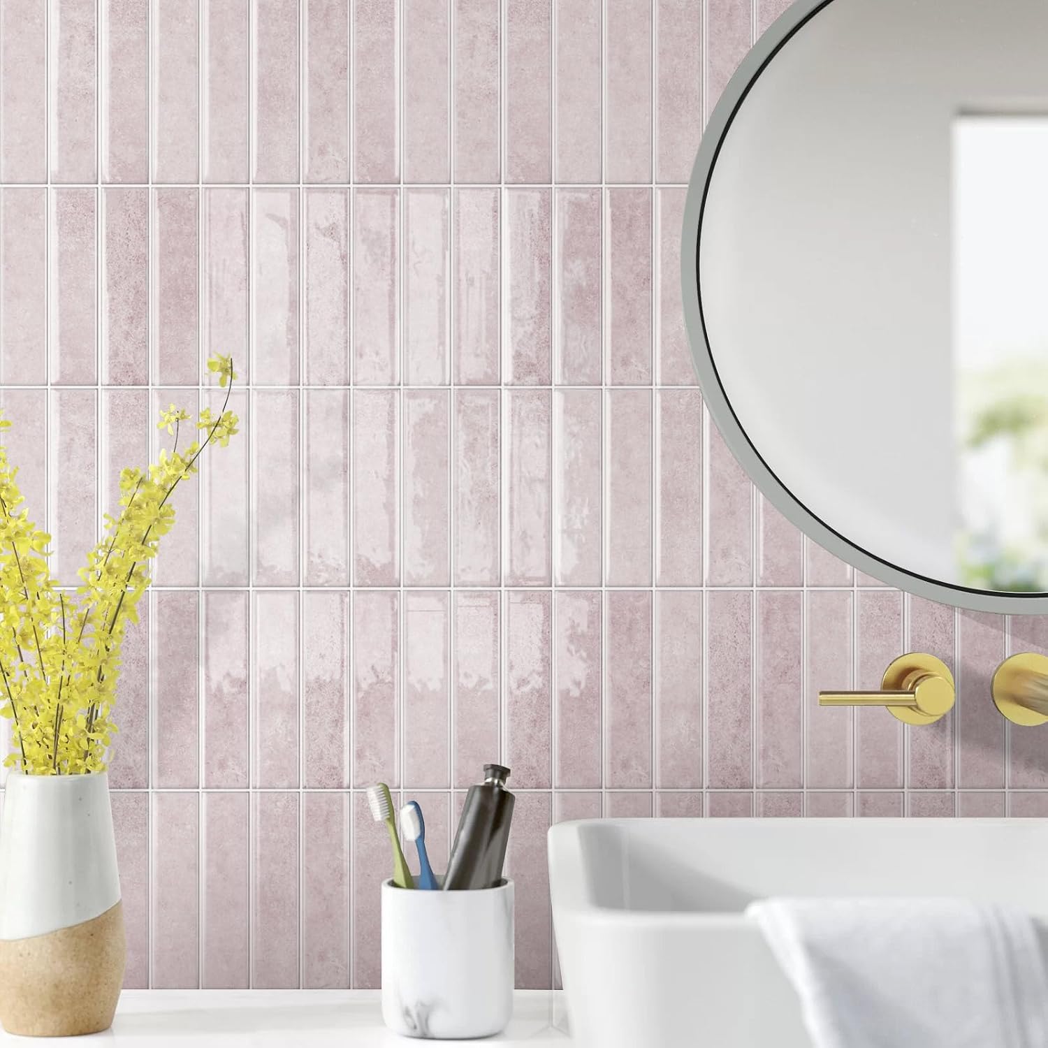 Alwayspon 10 Sheet 12''x 12inch Pink Subway 3D Self Adhesive Wall Tile Sticker Transfers, Peel and Stick Self Adhesive Waterproof Splashback Stick on Tile Decals for Kitchen Bathroom Wall